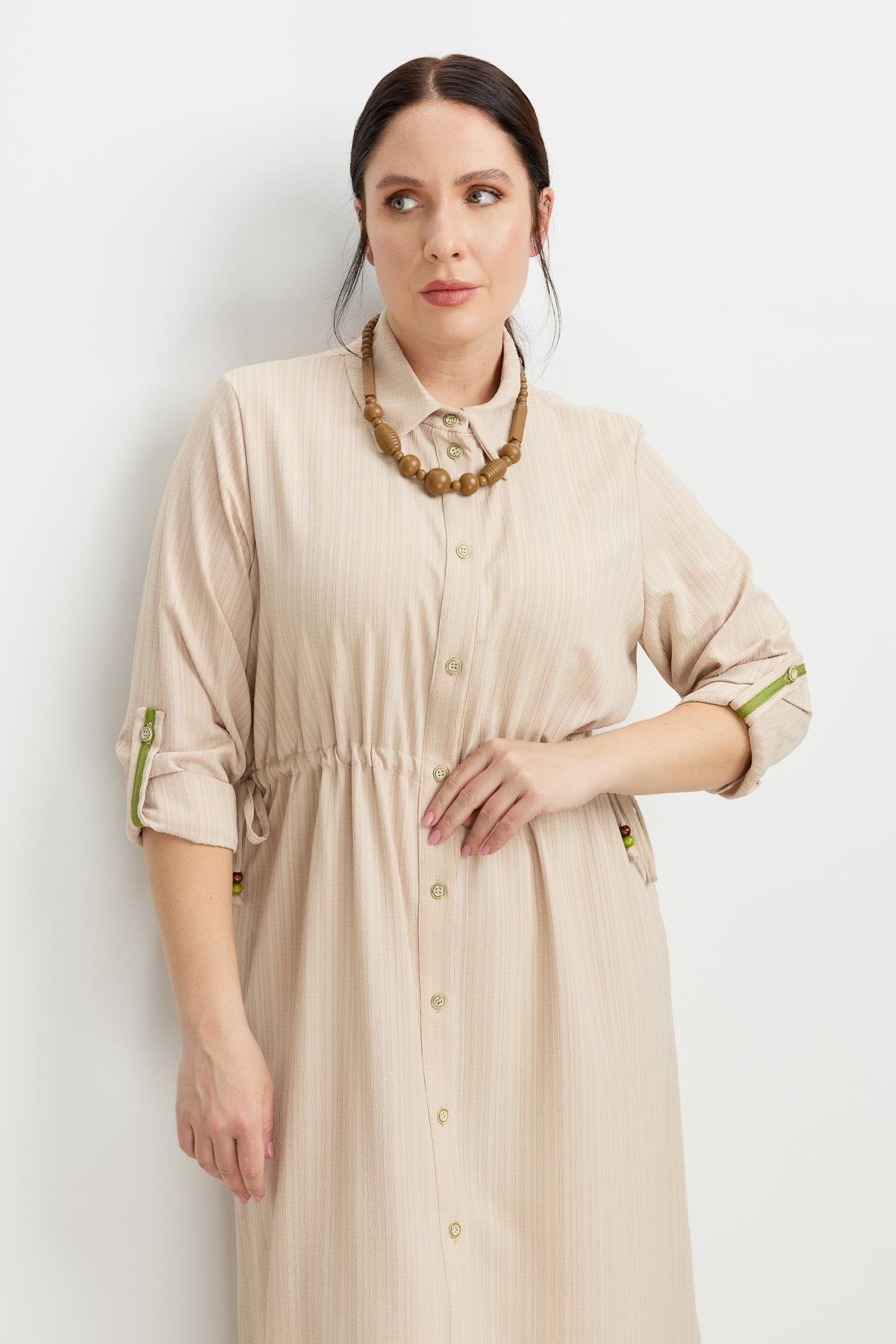 Büyük Beden İplikli Uzun Elbise-BEJ