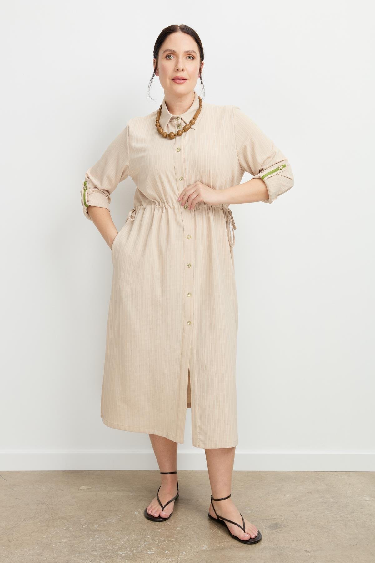 Büyük Beden İplikli Uzun Elbise-BEJ