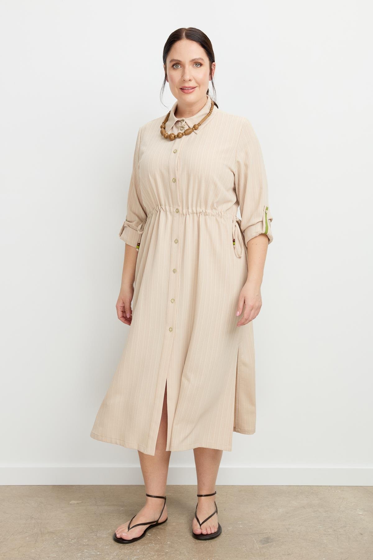 Büyük Beden İplikli Uzun Elbise-BEJ