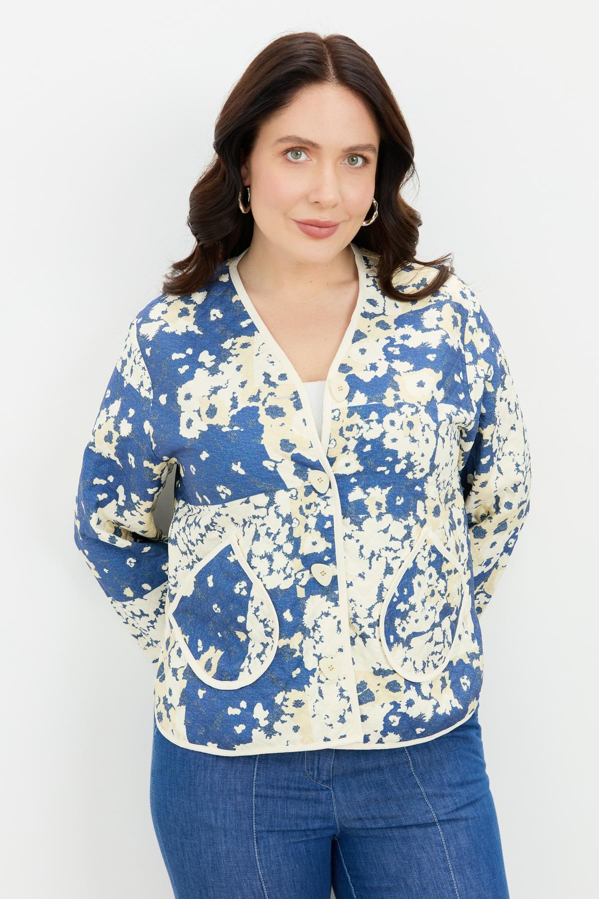 Büyük Beden Kapitone Ceket-MAVİ