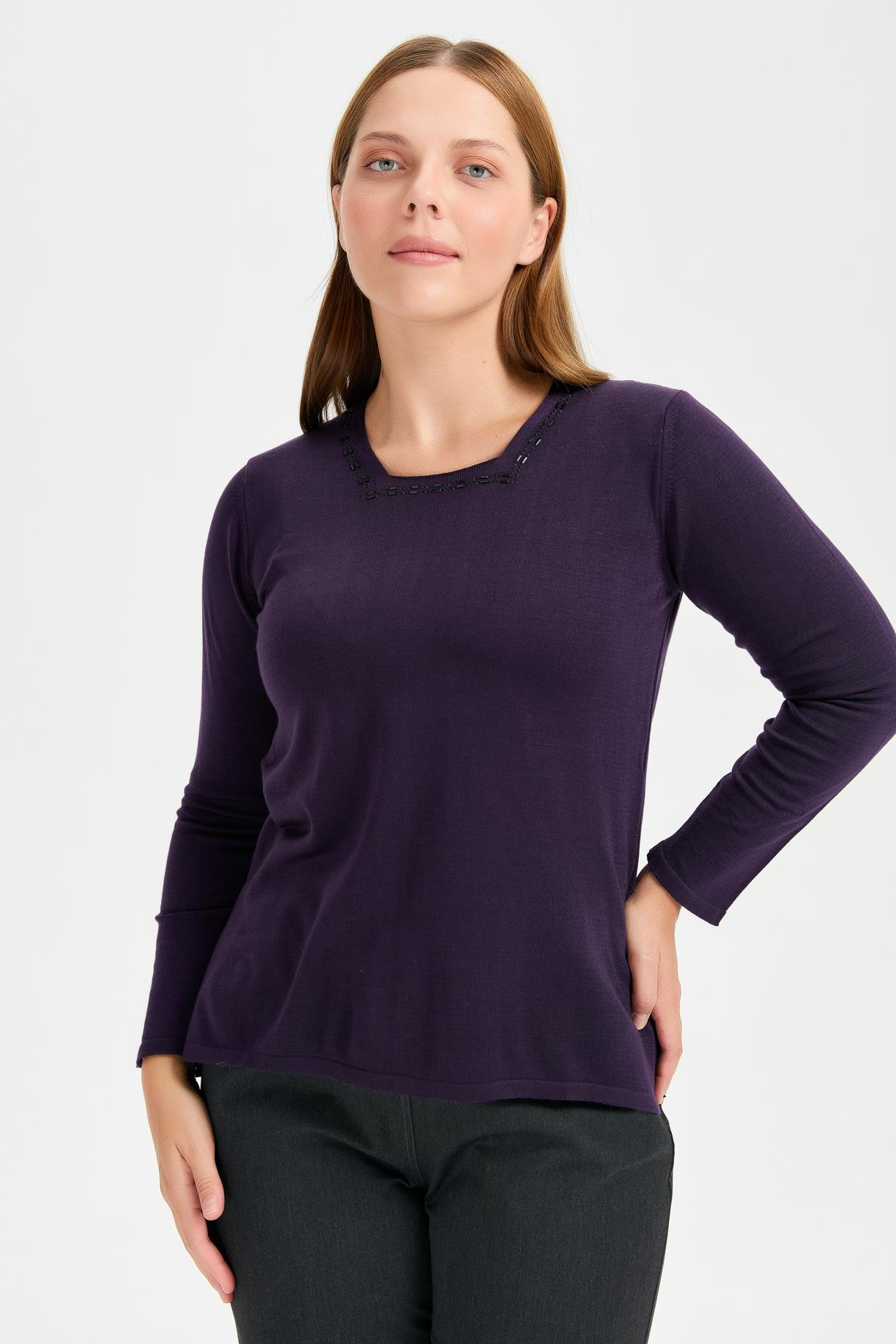 Büyük Beden Kare Yaka Taşlı Triko Bluz - MOR