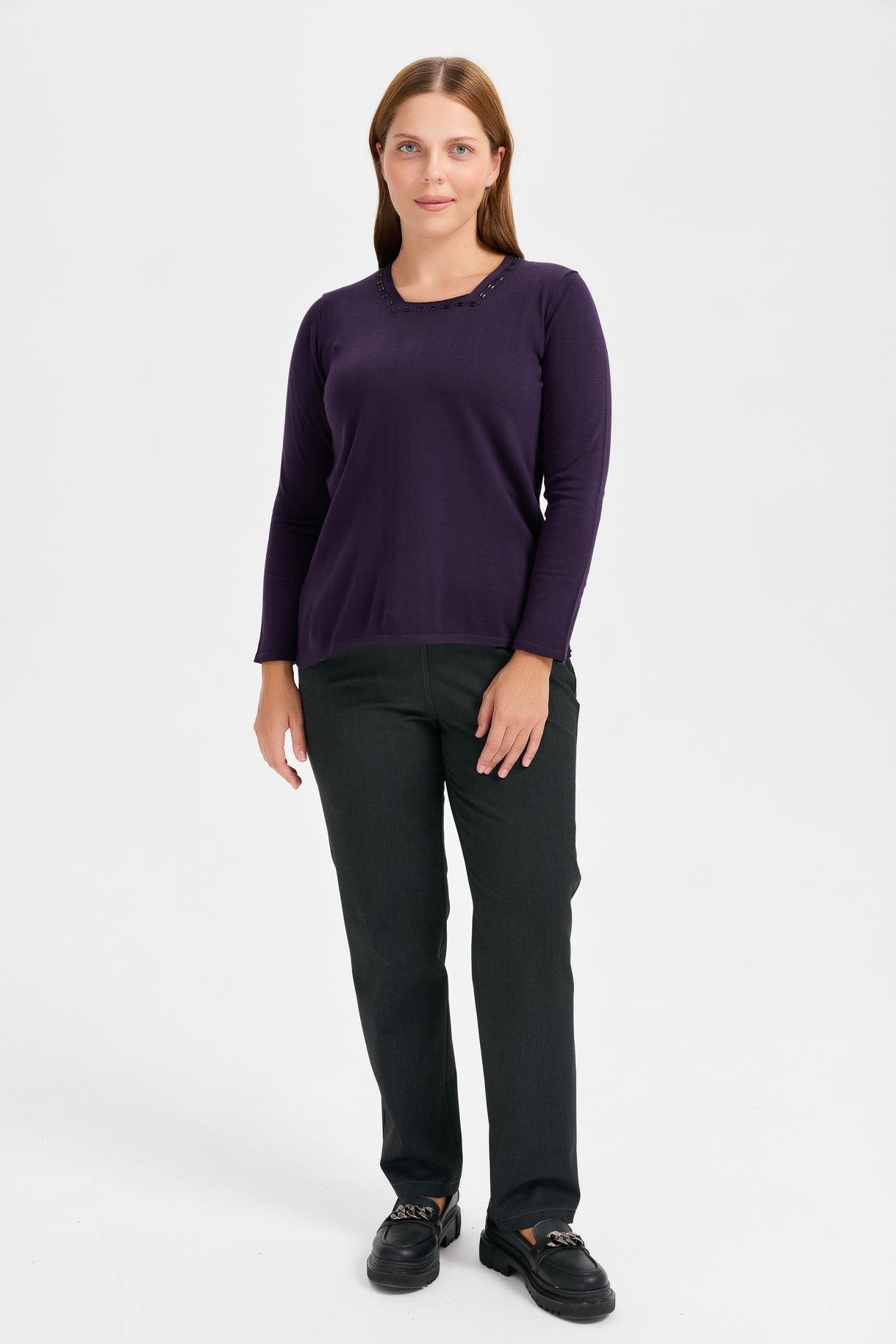 Büyük Beden Kare Yaka Taşlı Triko Bluz - MOR