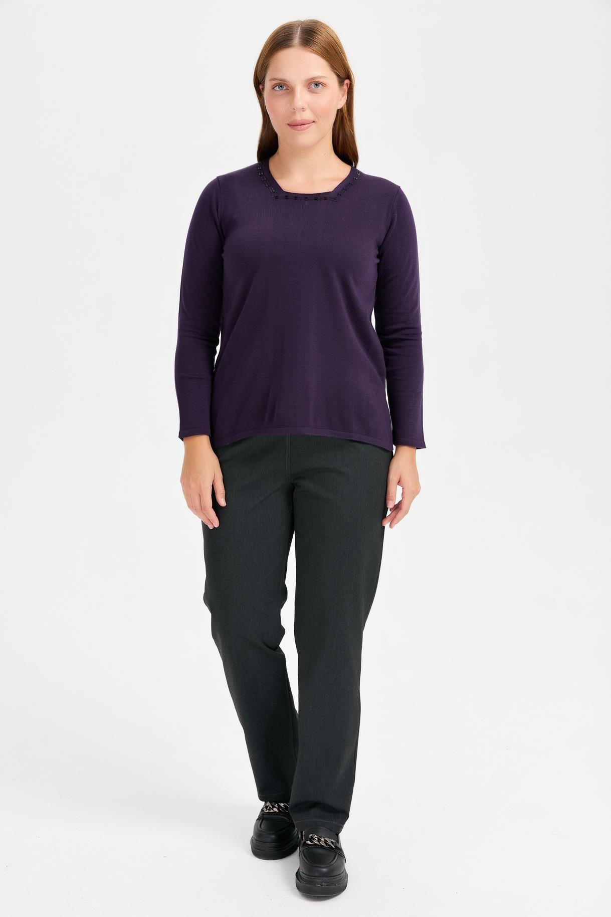 Büyük Beden Kare Yaka Taşlı Triko Bluz - MOR