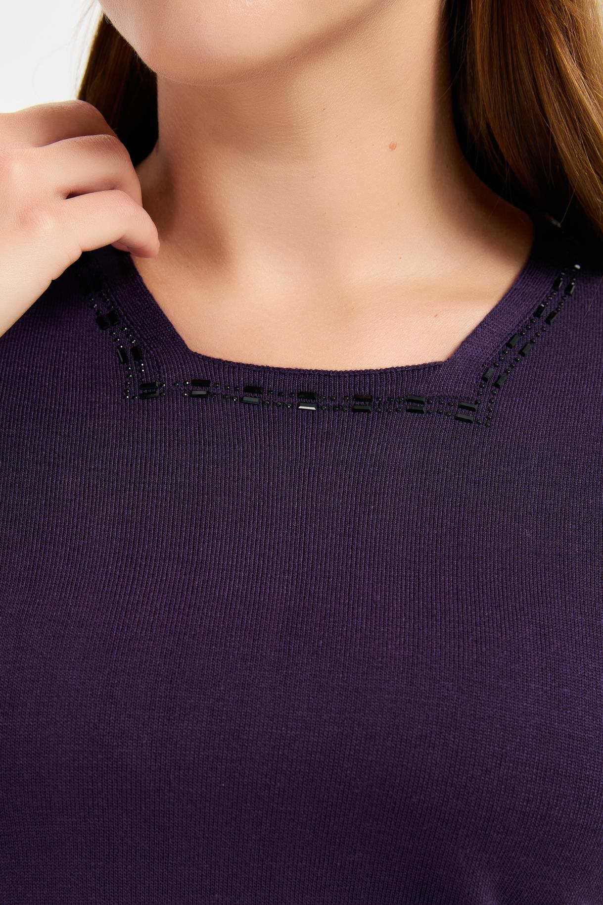 Büyük Beden Kare Yaka Taşlı Triko Bluz - MOR