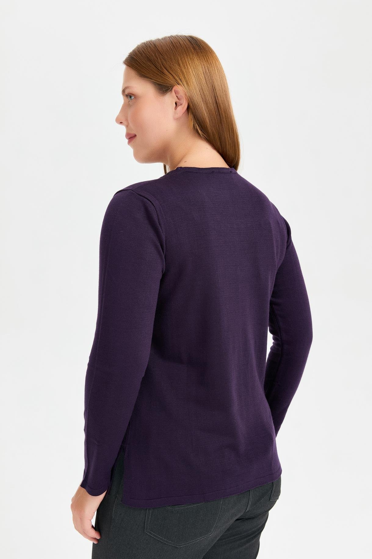 Büyük Beden Kare Yaka Taşlı Triko Bluz - MOR