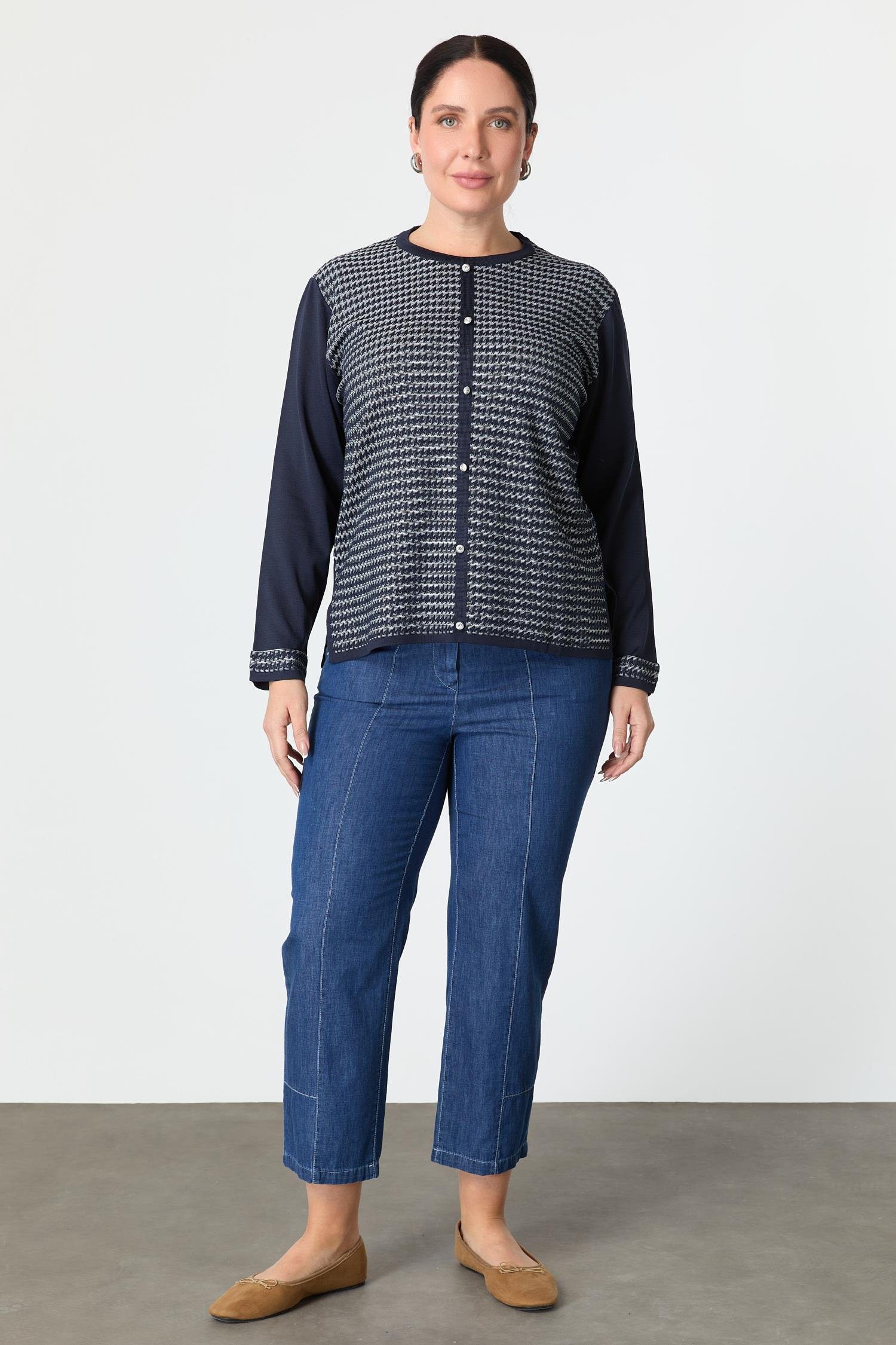 Büyük Beden Kazayağı Desenli Triko Hırka-LACI