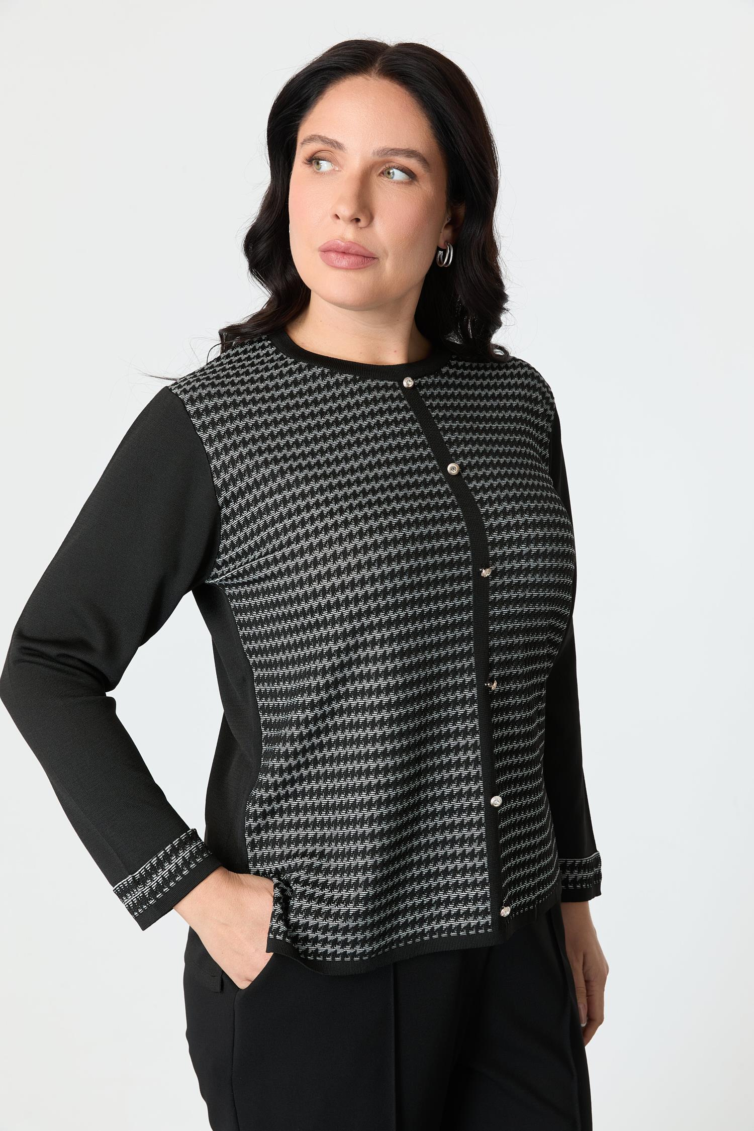 Büyük Beden Kazayağı Desenli Triko Hırka-SİYAH