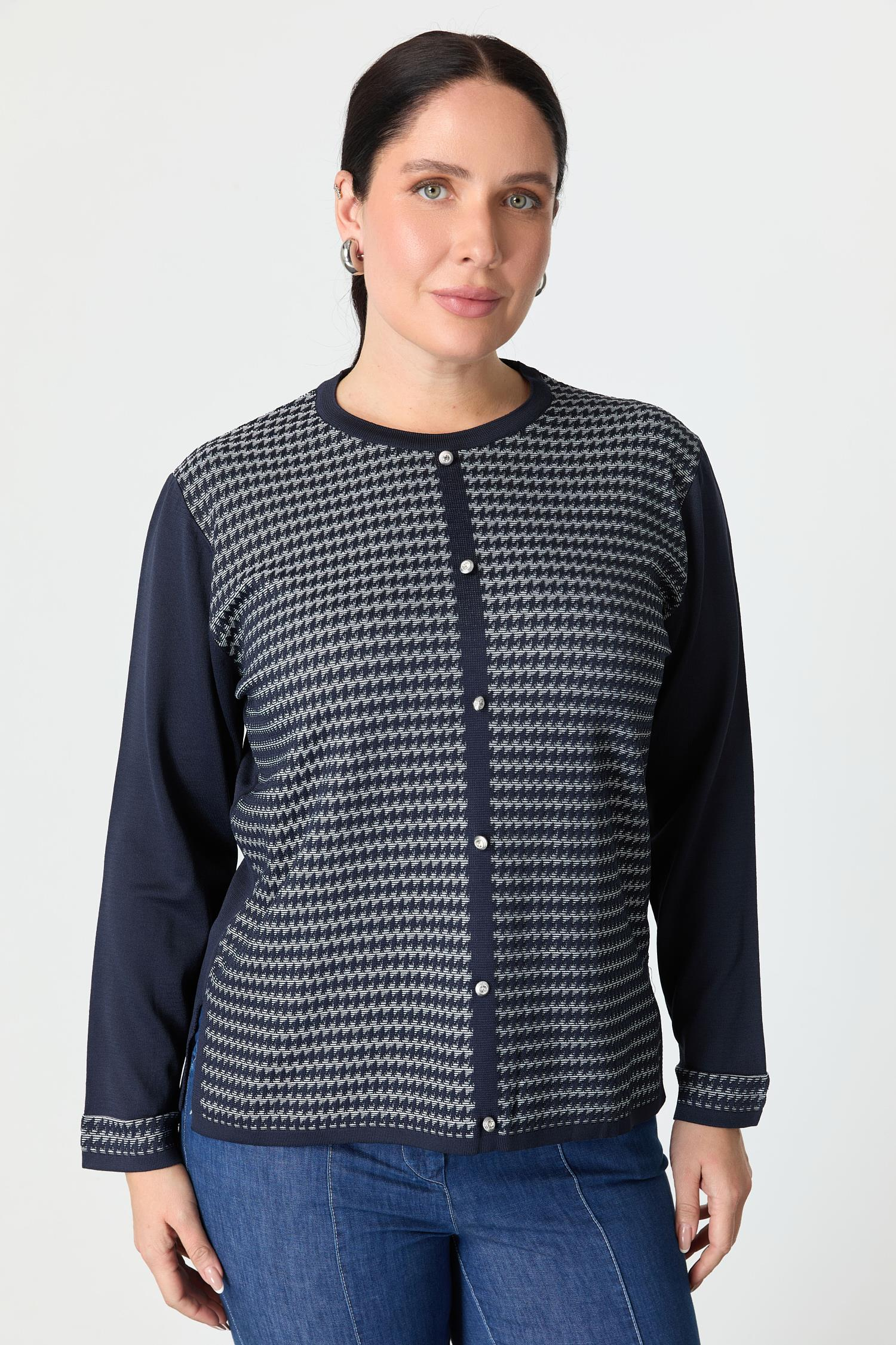 Büyük Beden Kazayağı Desenli Triko Hırka-LACI