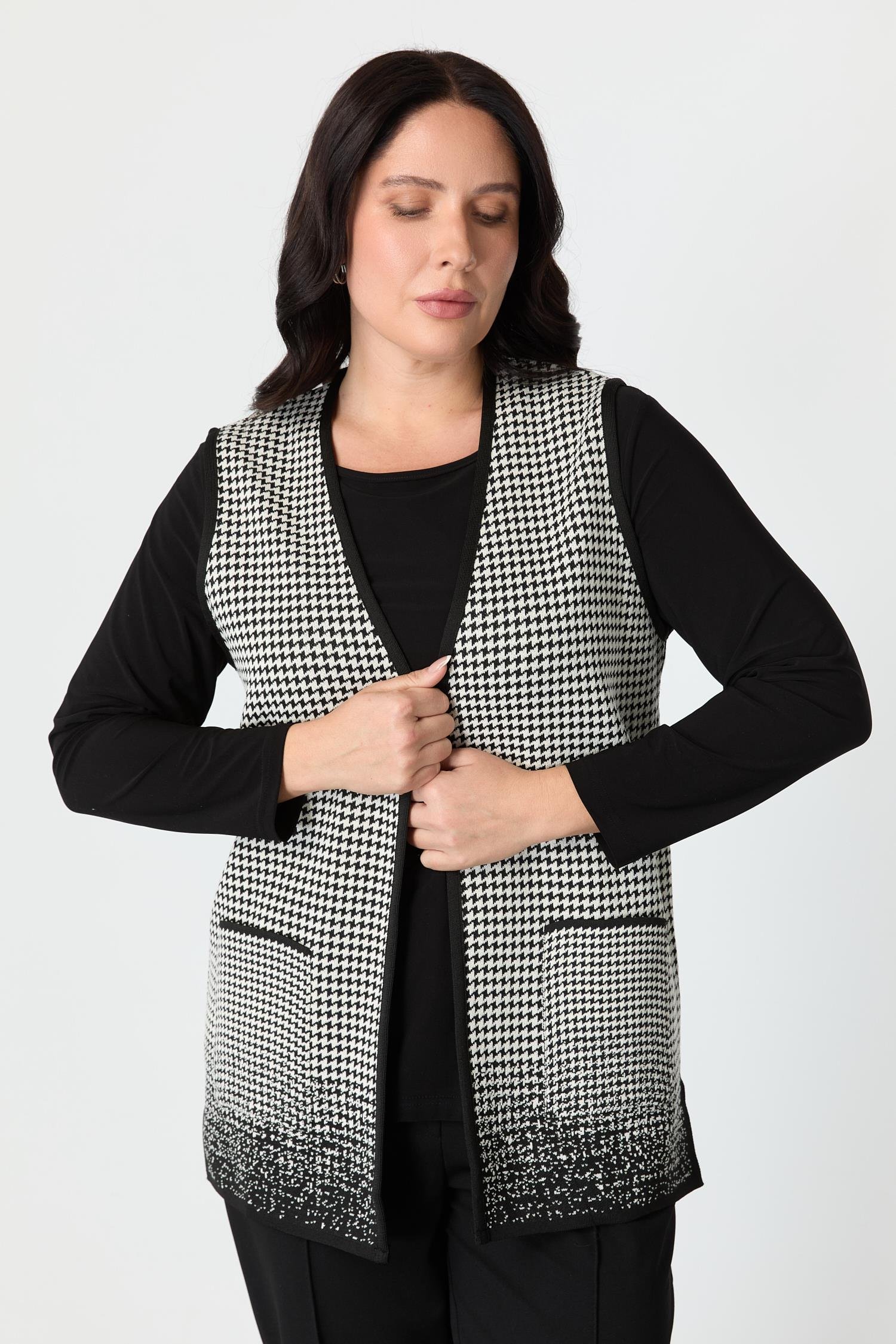 Büyük Beden Kazayağı Desenli Yelek-SİYAH