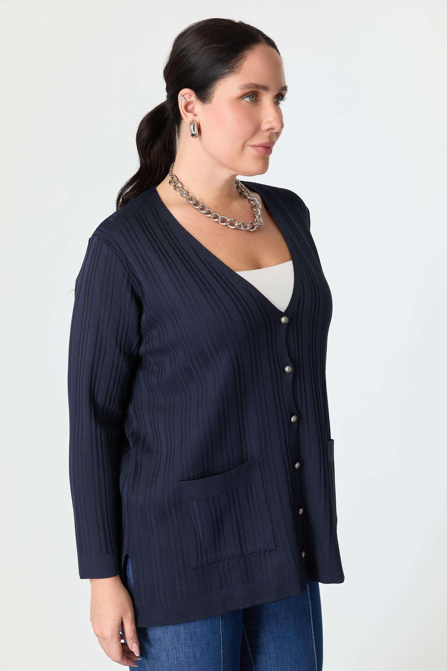 Büyük Beden Kendinden Desenli Triko Hırka-LACI