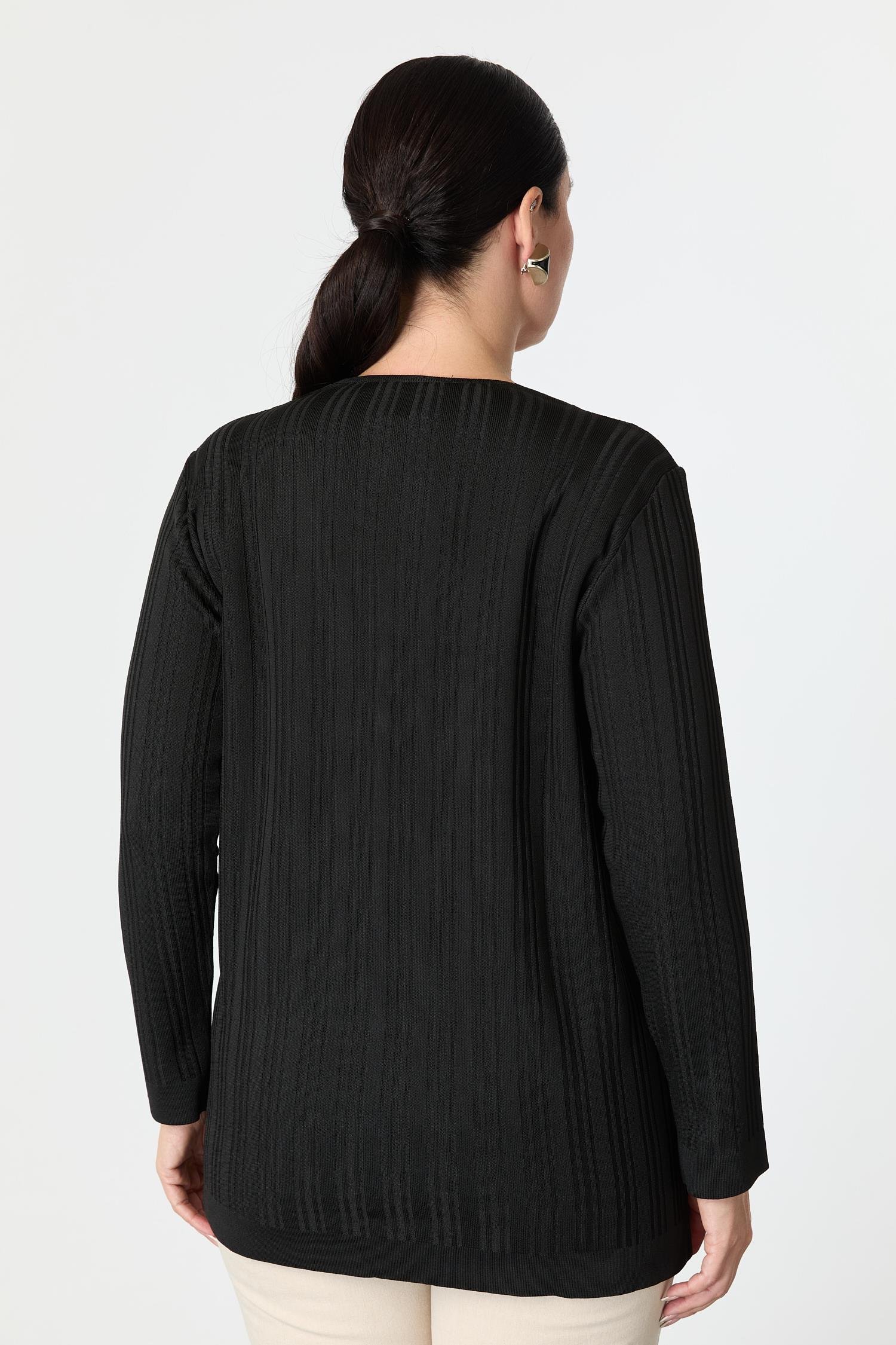 Büyük Beden Kendinden Desenli Triko Hırka-SİYAH