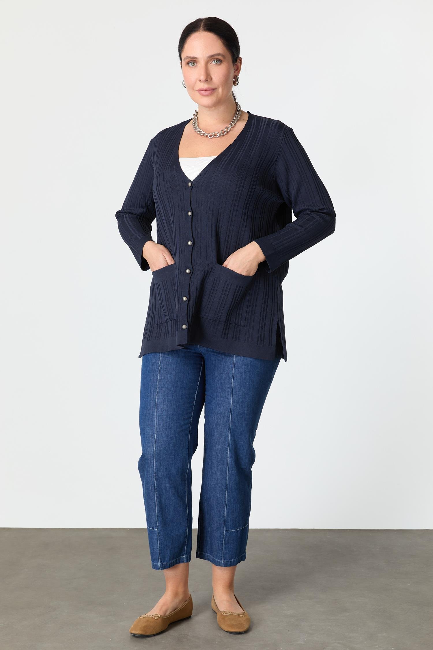 Büyük Beden Kendinden Desenli Triko Hırka-LACI