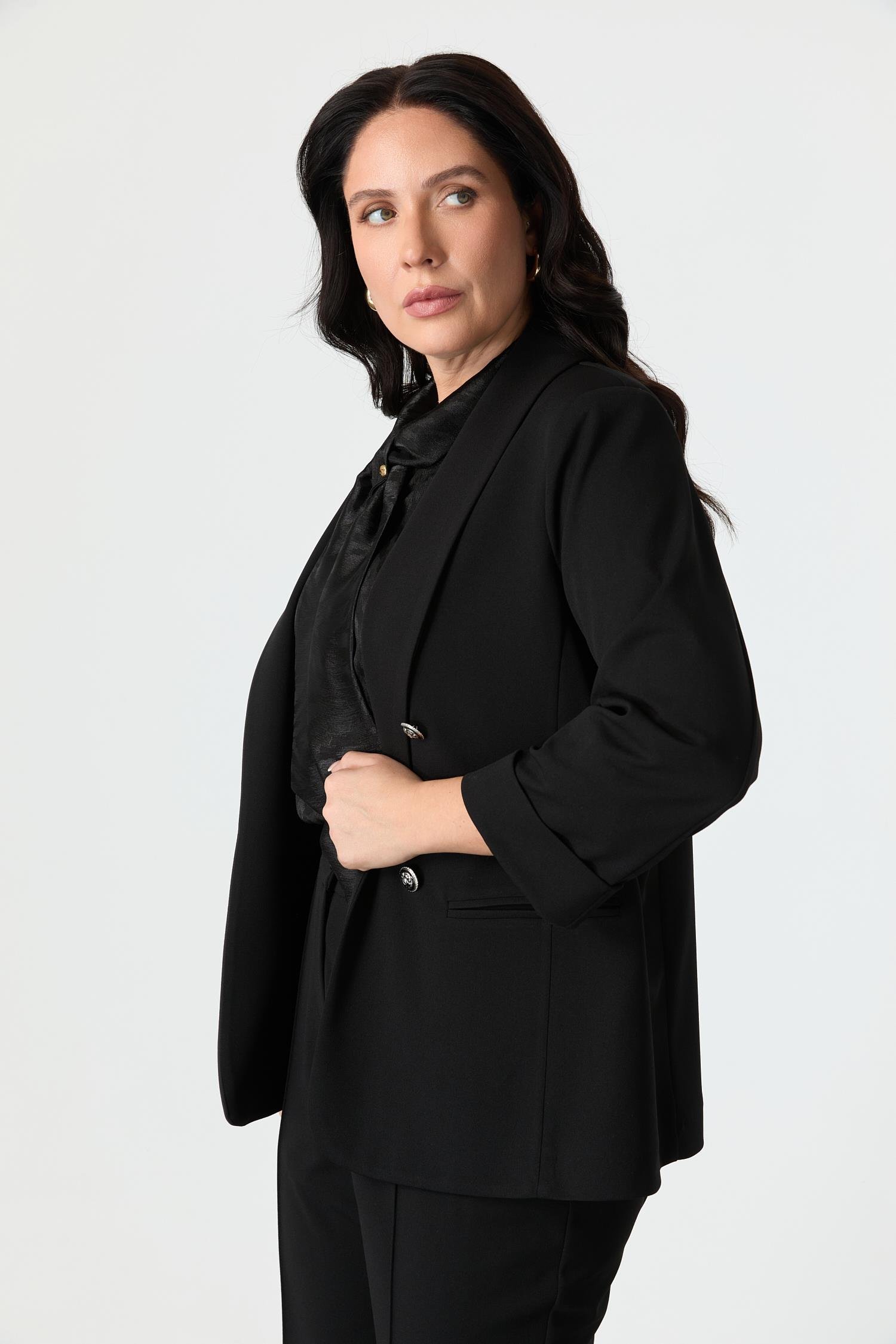 Büyük Beden Kol Detaylı Krep Ceket-SİYAH