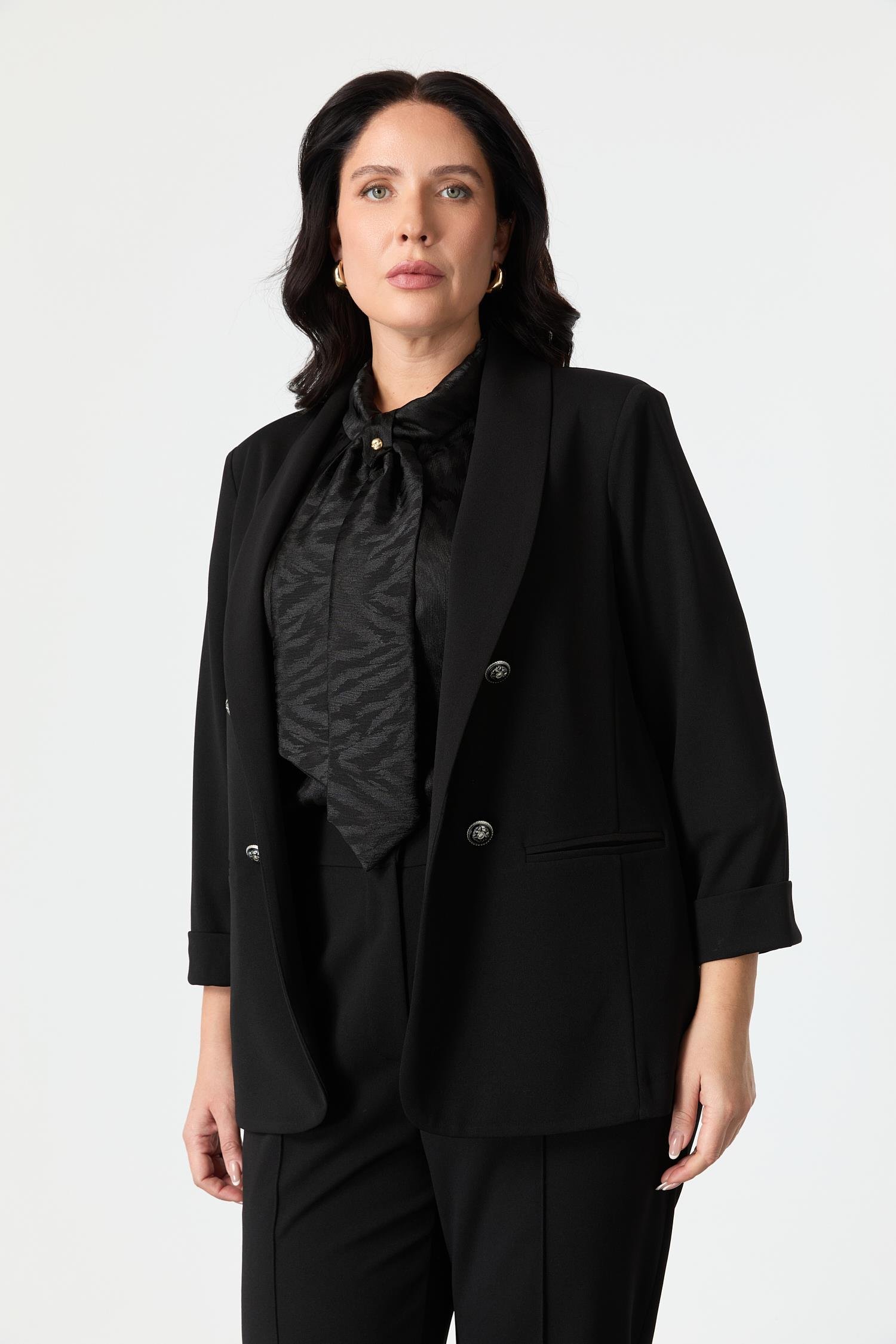 Büyük Beden Kol Detaylı Krep Ceket-SİYAH