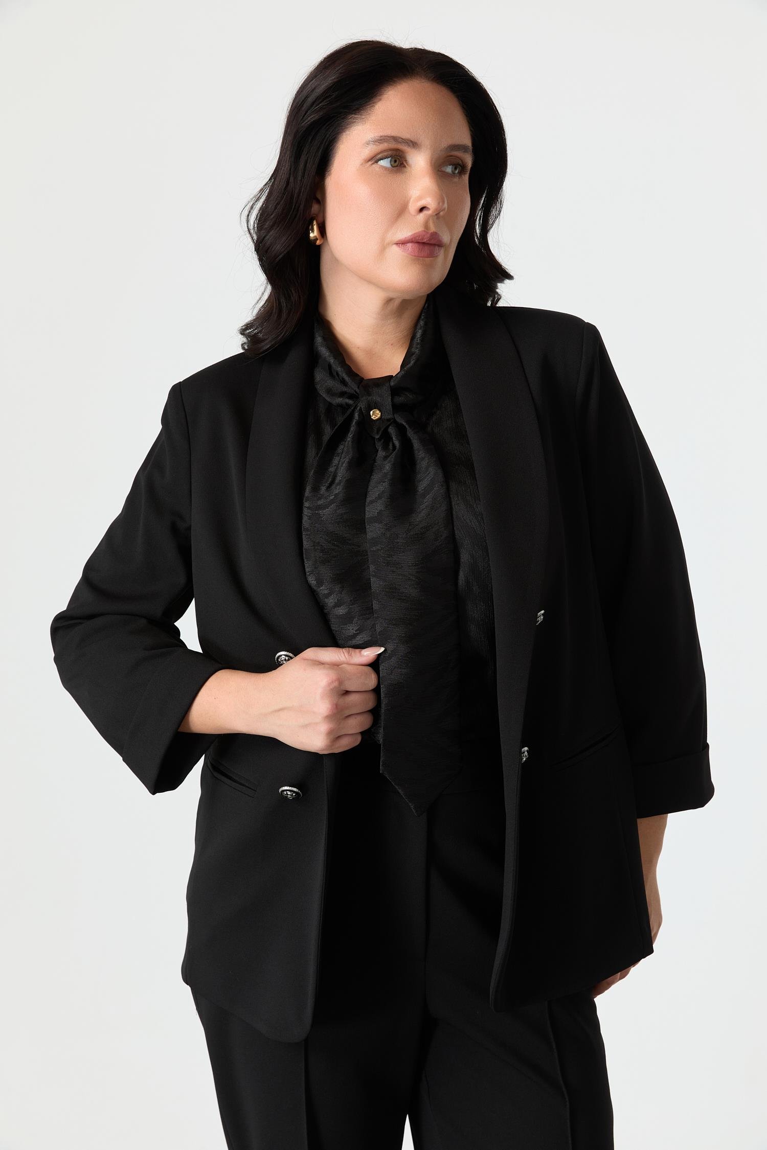 Büyük Beden Kol Detaylı Krep Ceket-SİYAH