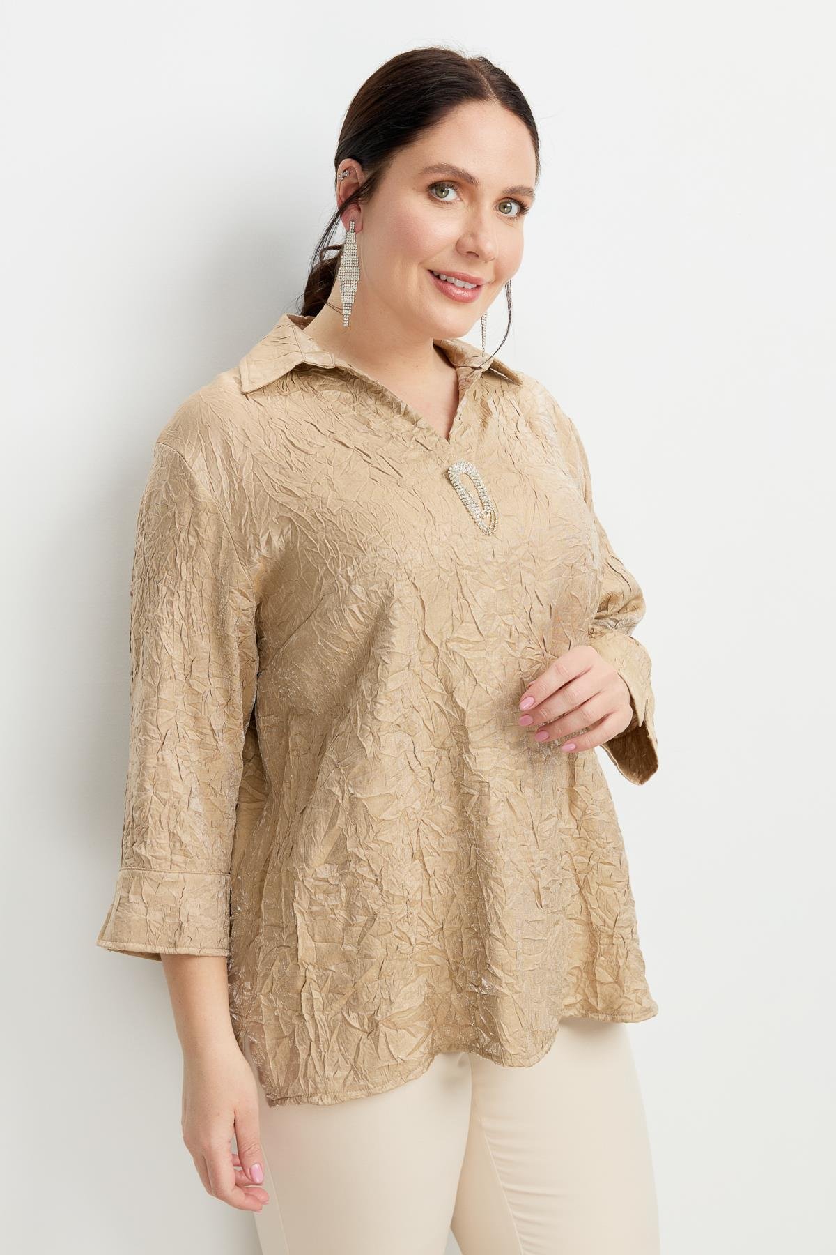 Büyük Beden Kraşlı Gömlek-BEJ