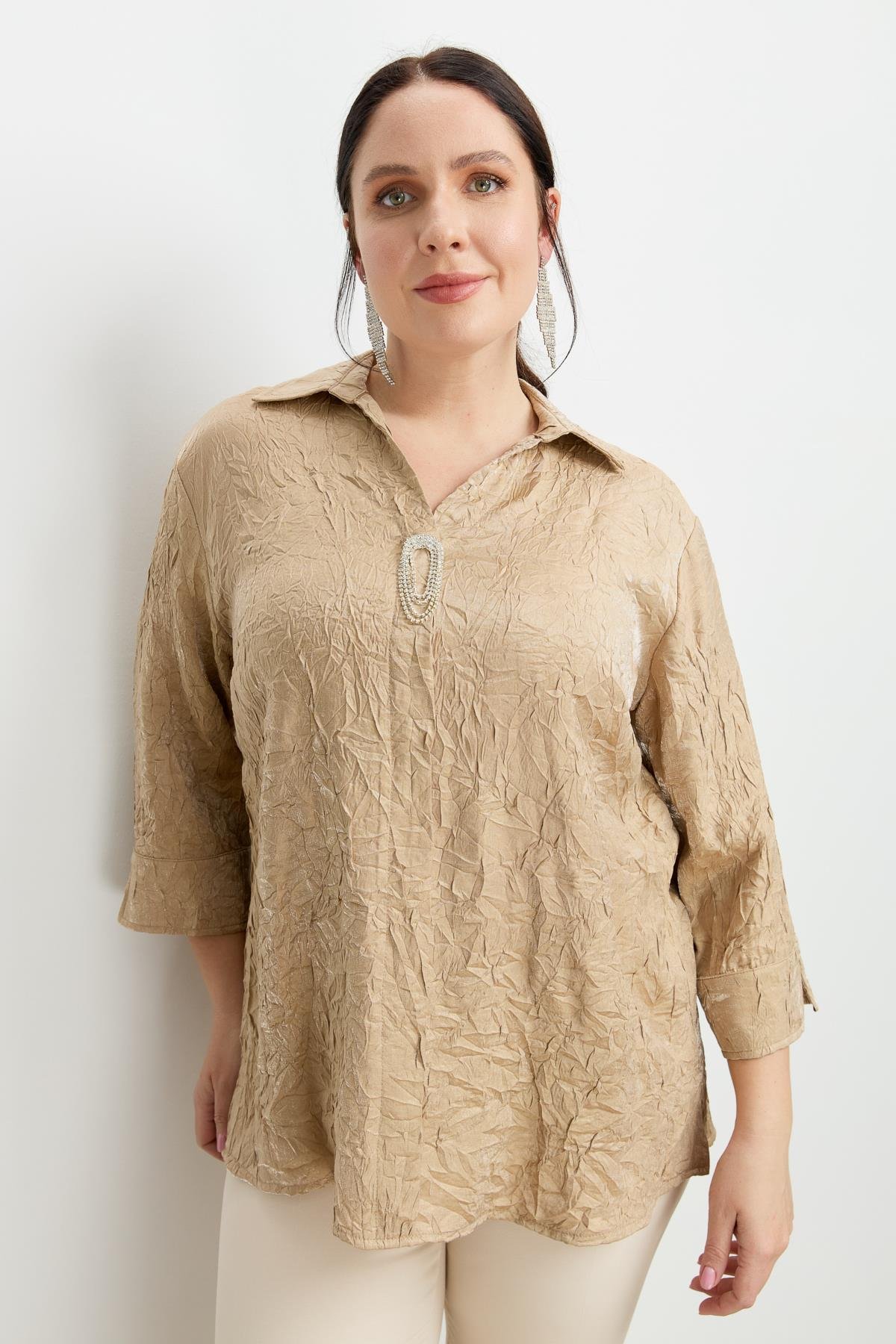 Büyük Beden Kraşlı Gömlek-BEJ