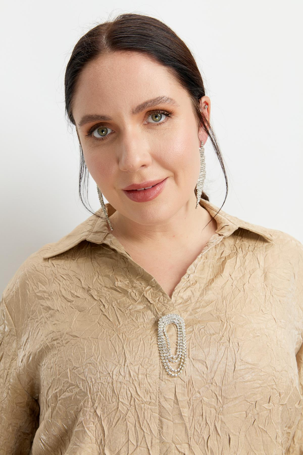 Büyük Beden Kraşlı Gömlek-BEJ