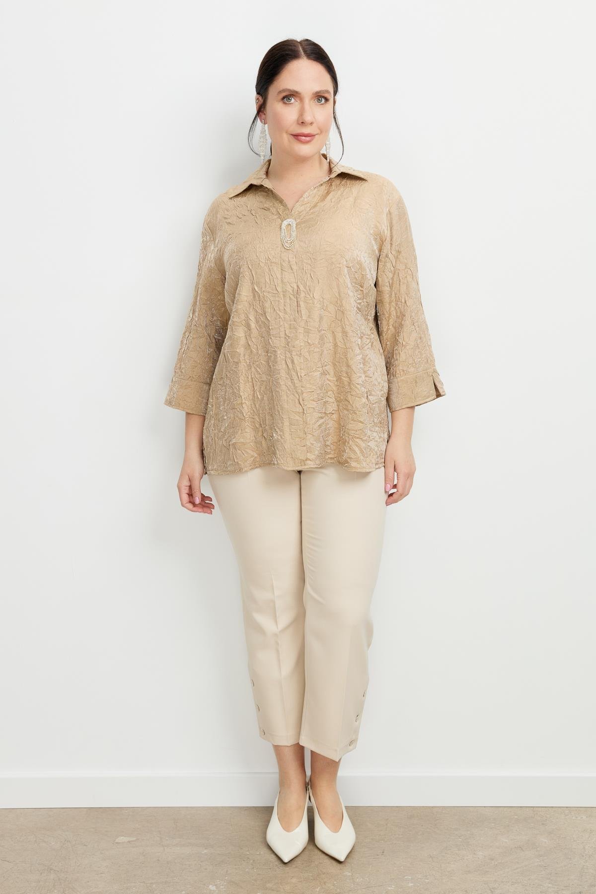 Büyük Beden Kraşlı Gömlek-BEJ