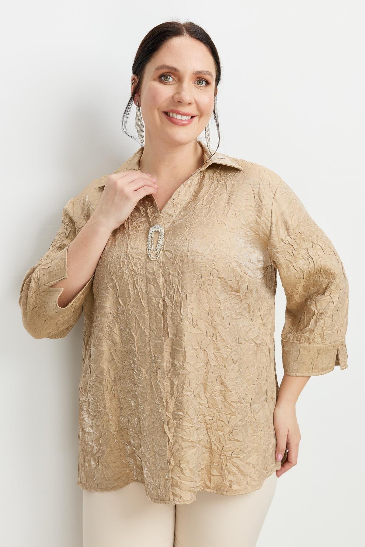 Büyük Beden Kraşlı Gömlek-BEJ