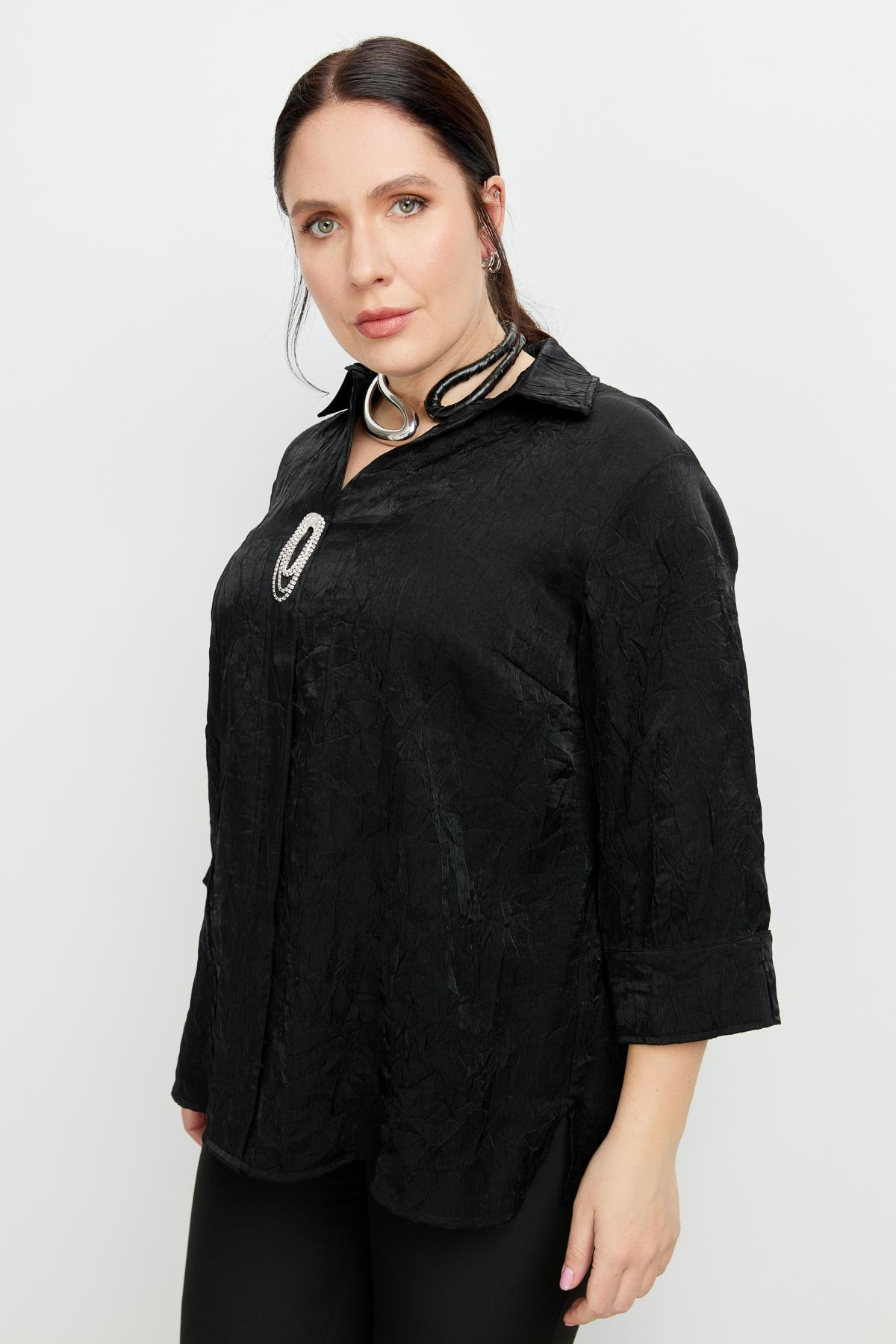 Büyük Beden Kraşlı Gömlek-SİYAH