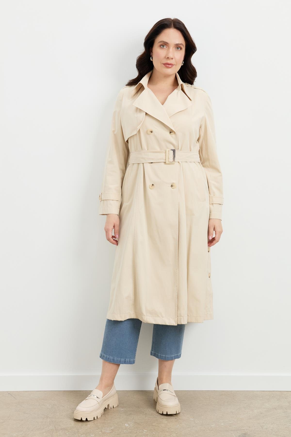 Büyük Beden Kruvaze Yaka Trençkot-BEJ