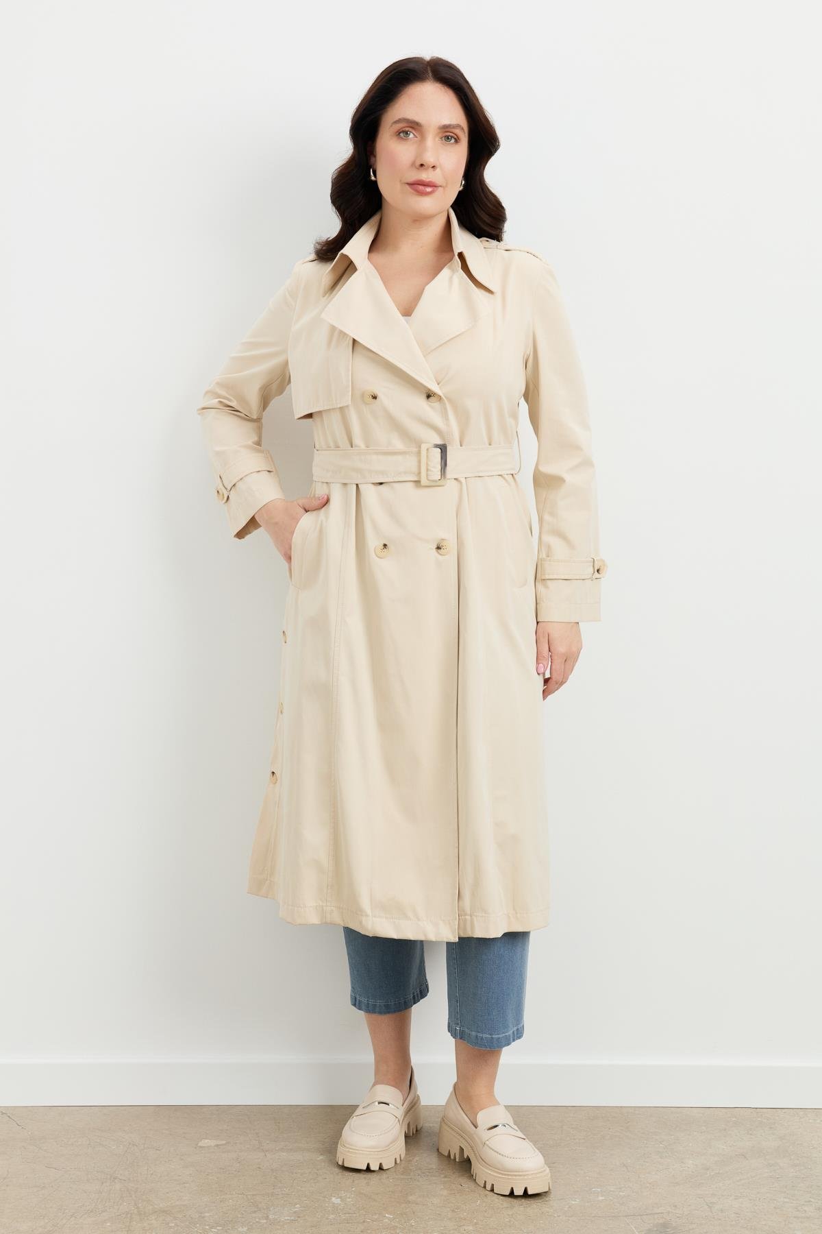 Büyük Beden Kruvaze Yaka Trençkot-BEJ