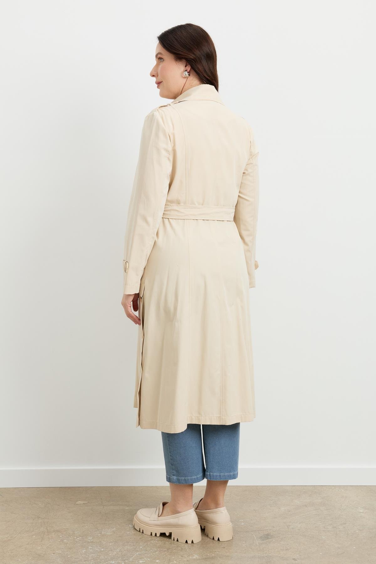 Büyük Beden Kruvaze Yaka Trençkot-BEJ