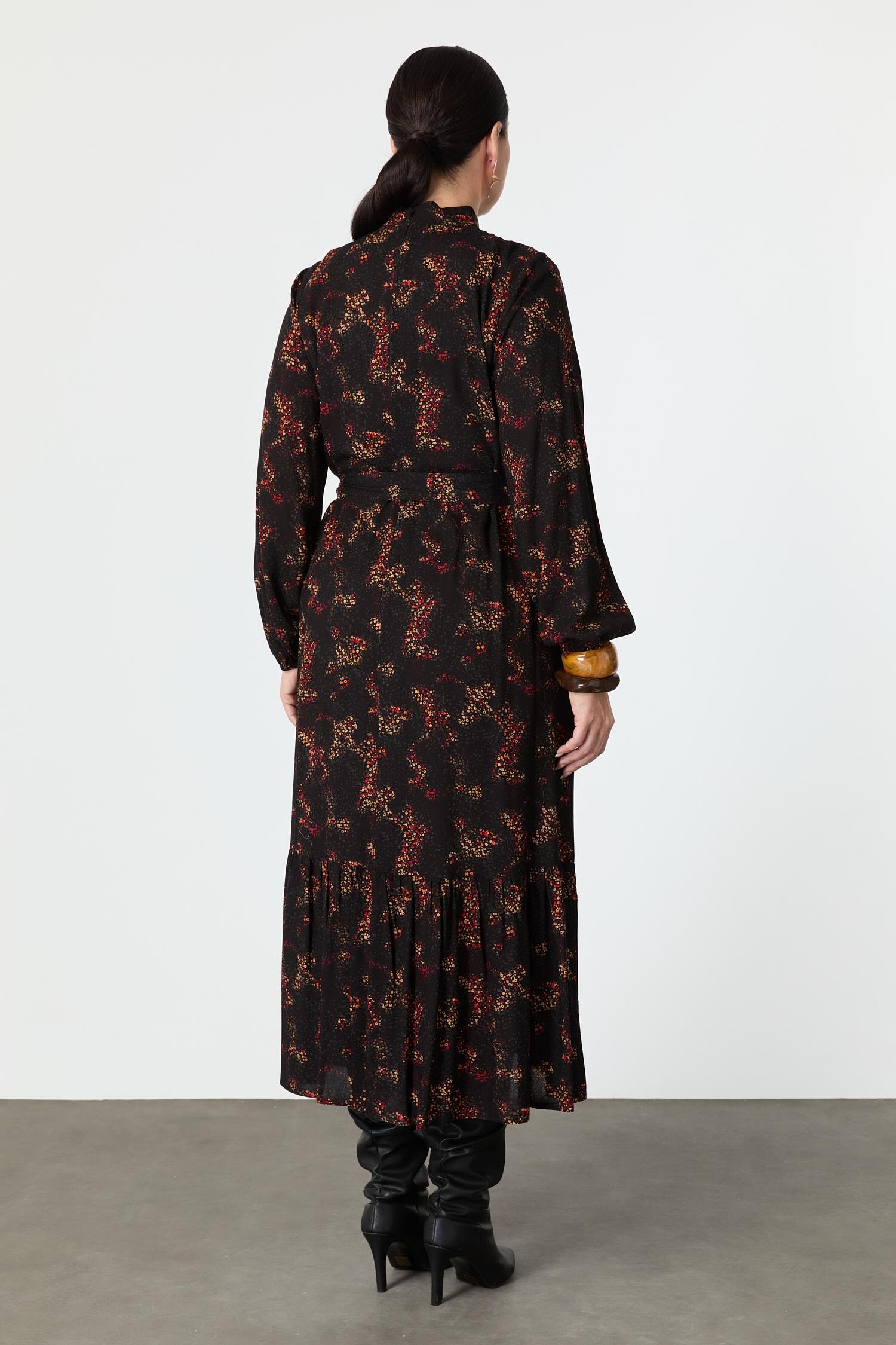 Büyük Beden Kuşak Detay Desenli Elbise-KIRMIZI