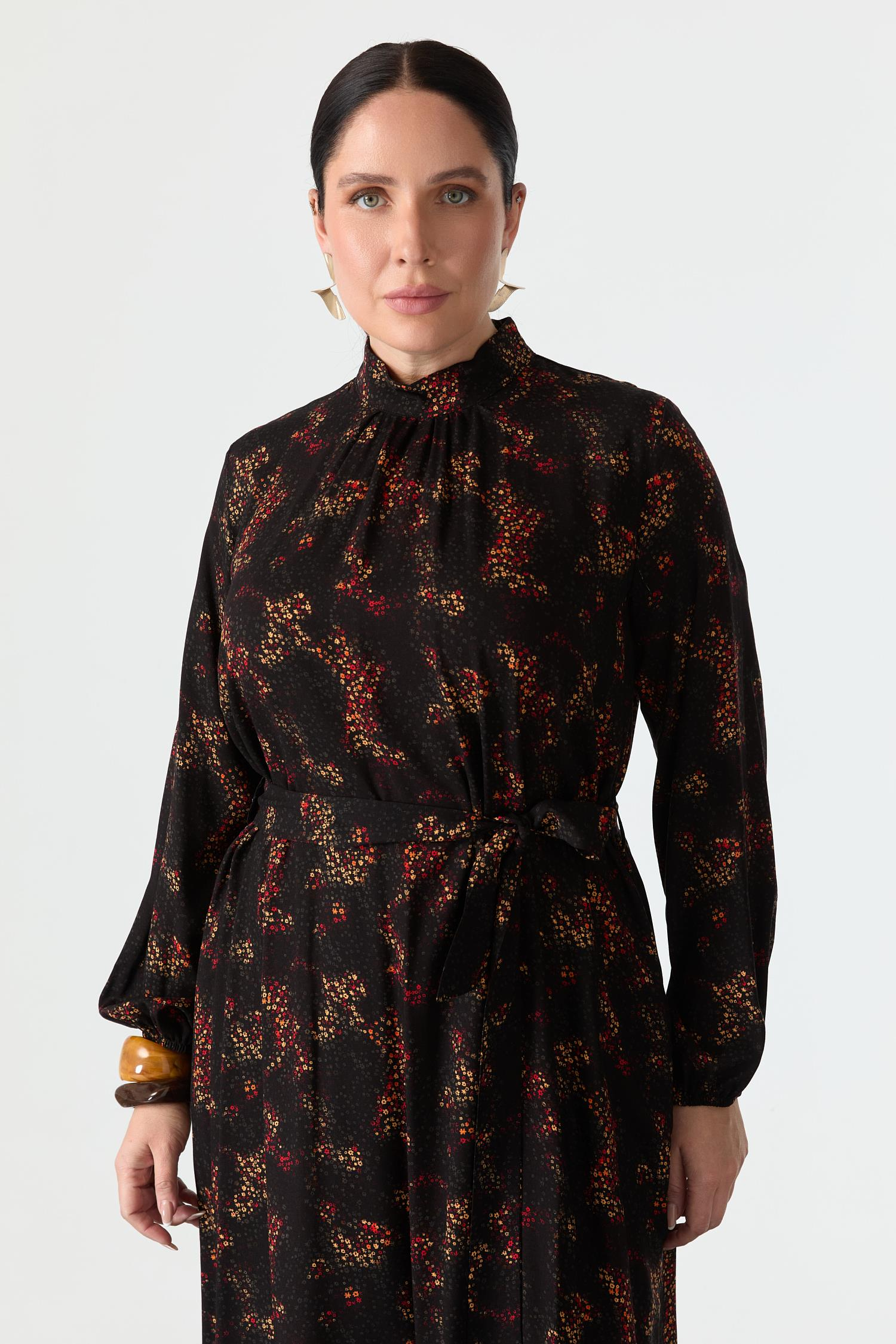 Büyük Beden Kuşak Detay Desenli Elbise-KIRMIZI