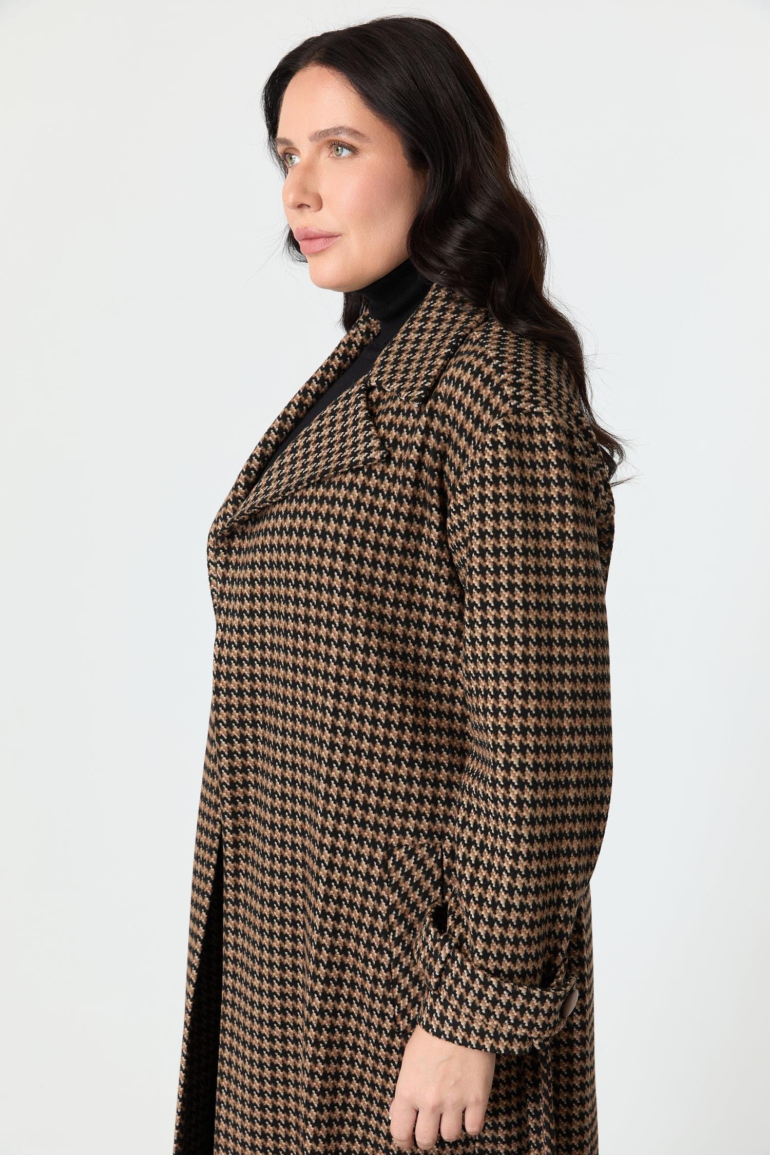 Büyük Beden Kuşaklı Kaban-KAHVE