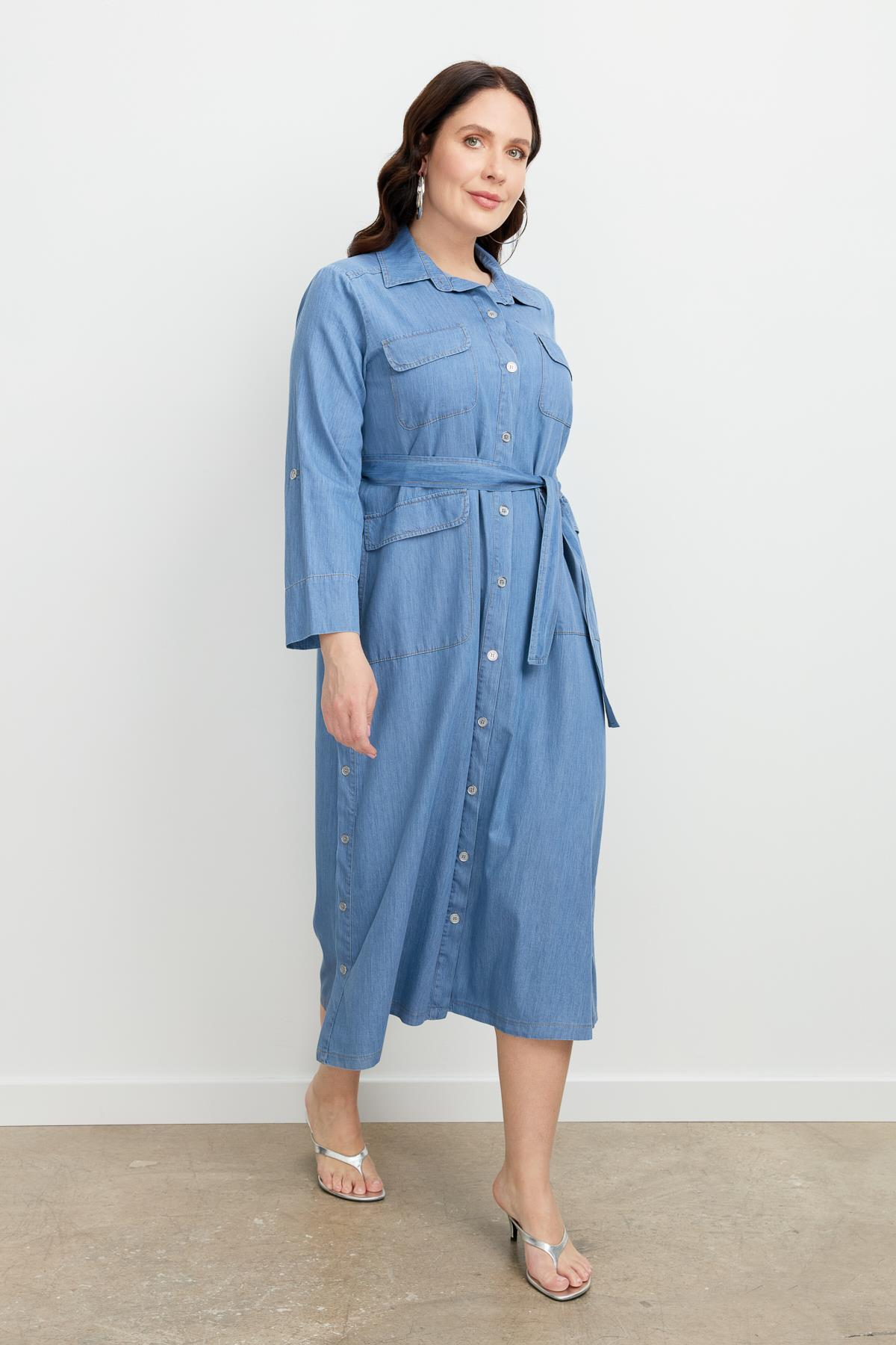 Büyük Beden Kuşaklı Uzun Kot Elbise-MAVİ