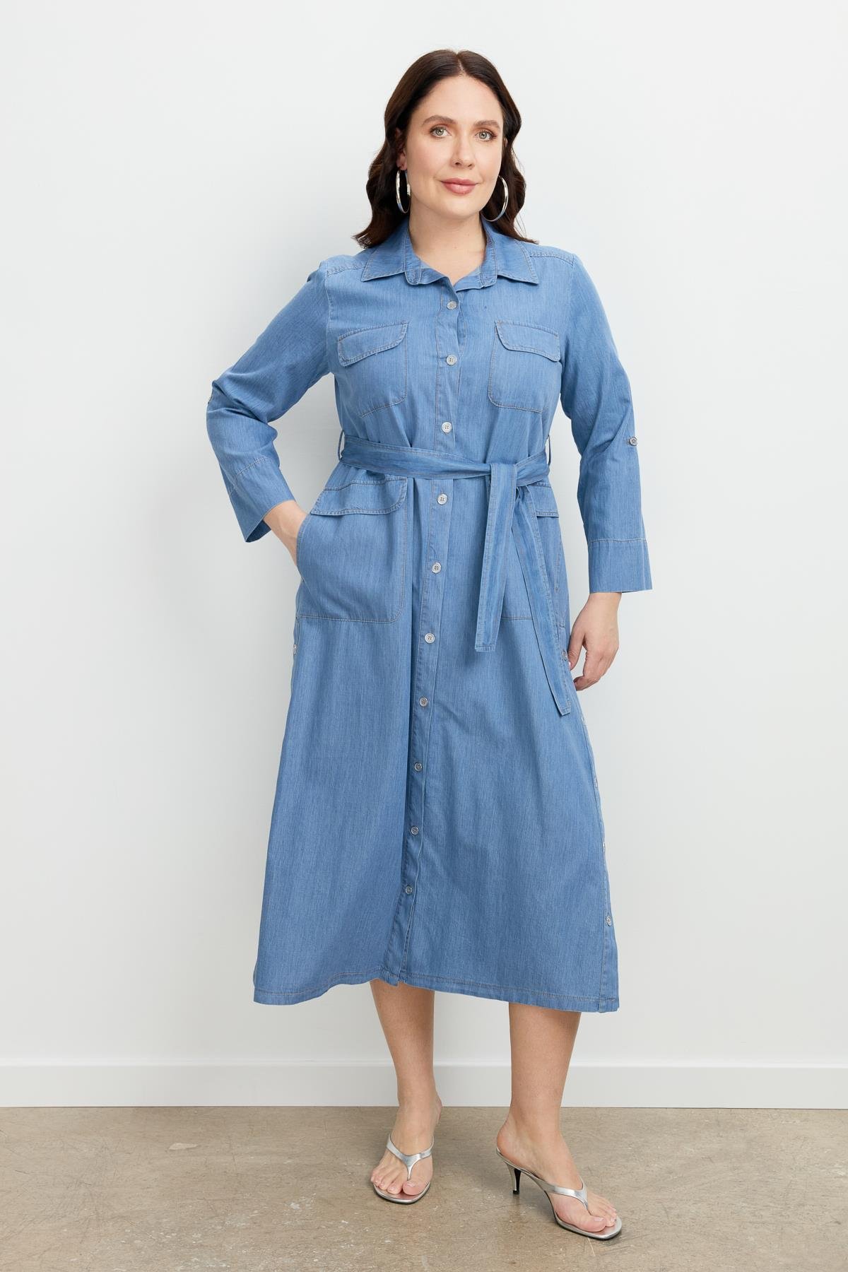 Büyük Beden Kuşaklı Uzun Kot Elbise-MAVİ