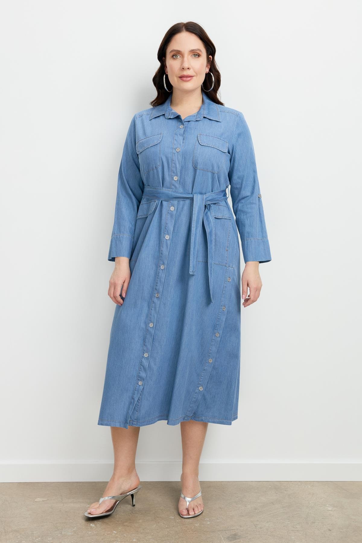 Büyük Beden Kuşaklı Uzun Kot Elbise-MAVİ