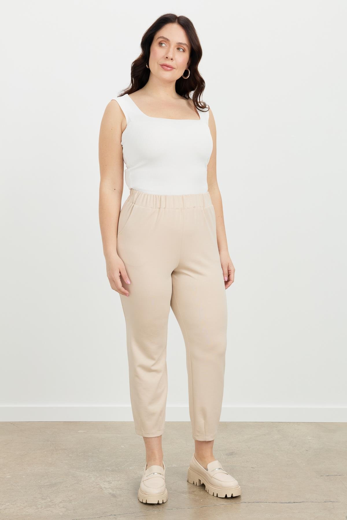 Büyük Beden Lastikli Eşofman Pantolon-BEJ