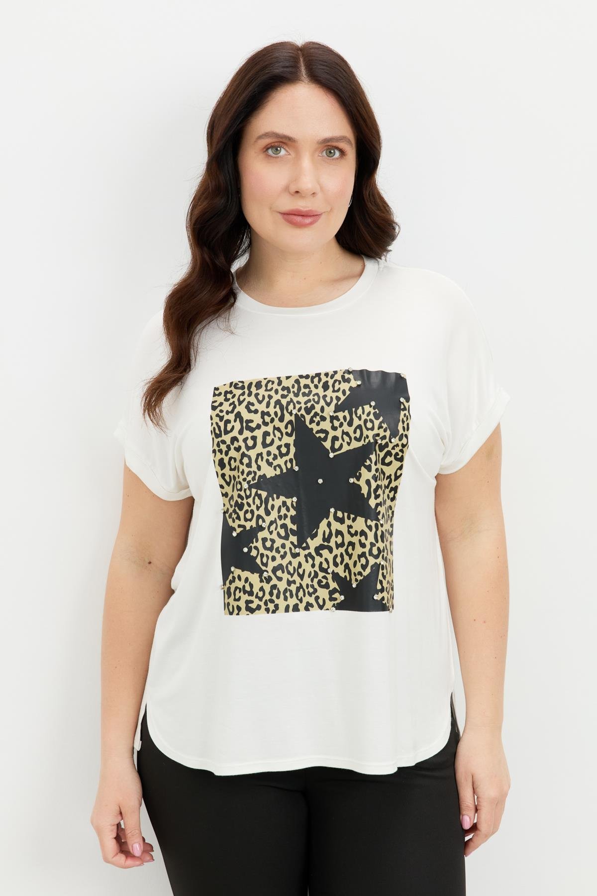 Büyük Beden Leopar Baskı Bluz-KEMIK