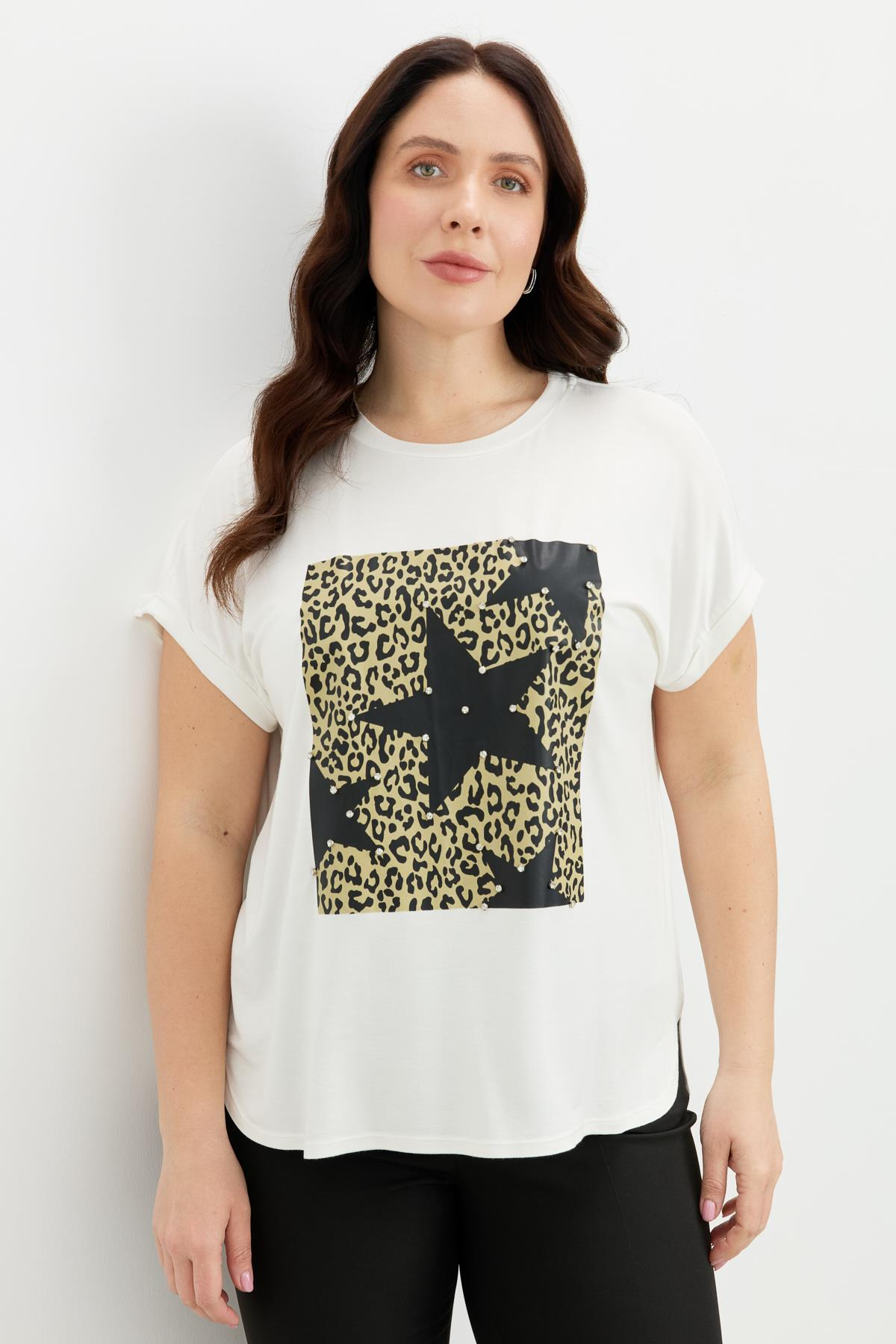 Büyük Beden Leopar Baskı Bluz-KEMIK