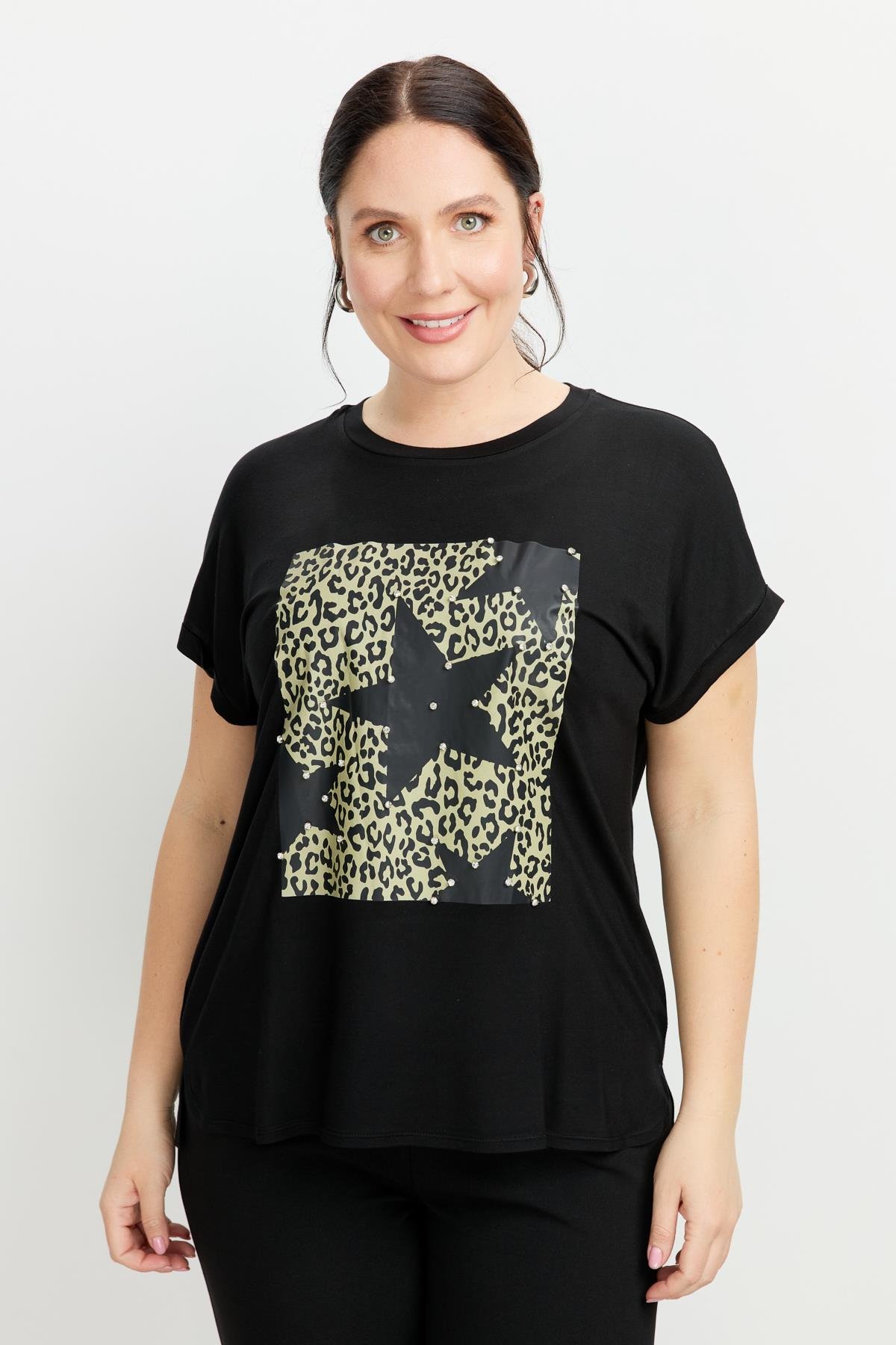Büyük Beden Leopar Baskı Bluz-SİYAH