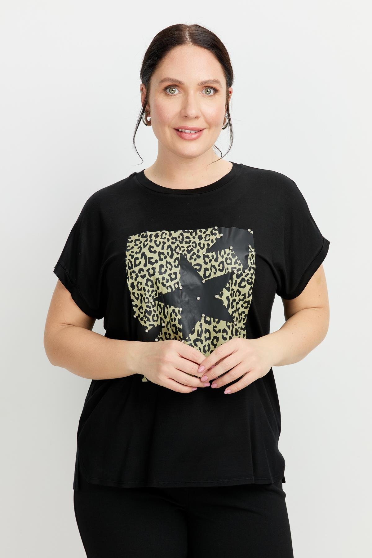 Büyük Beden Leopar Baskı Bluz-SİYAH