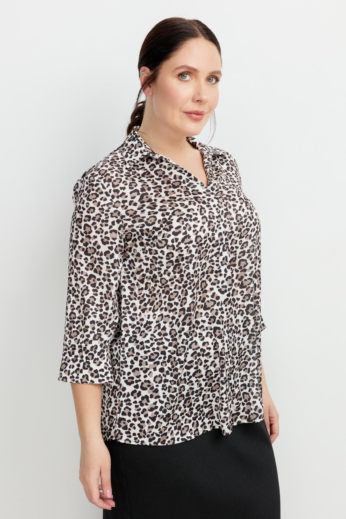 Büyük Beden Leopar Desen Gömlek-SİYAH