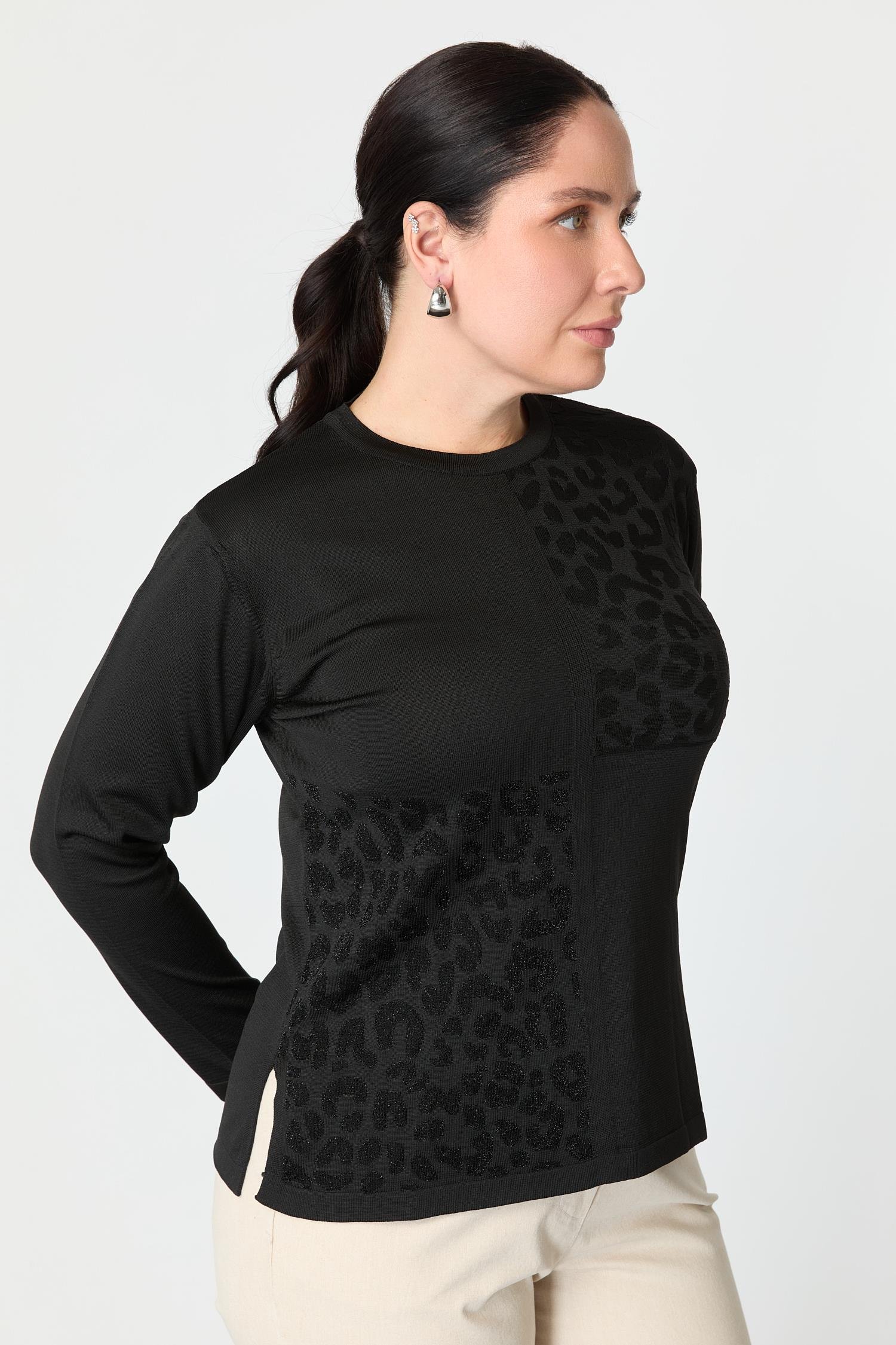 Büyük Beden Leopar Desenli Triko Kazak-SİYAH