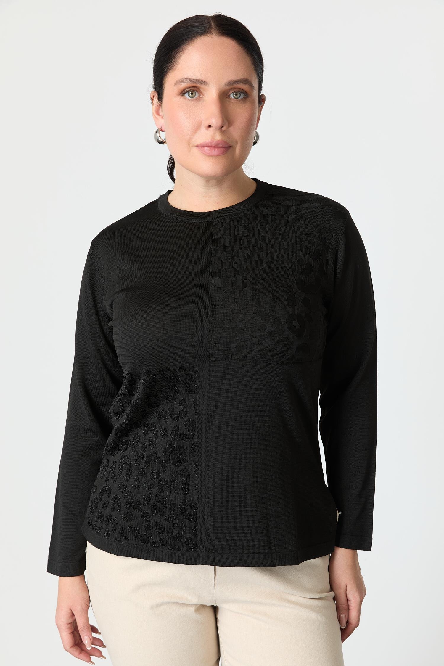 Büyük Beden Leopar Desenli Triko Kazak-SİYAH