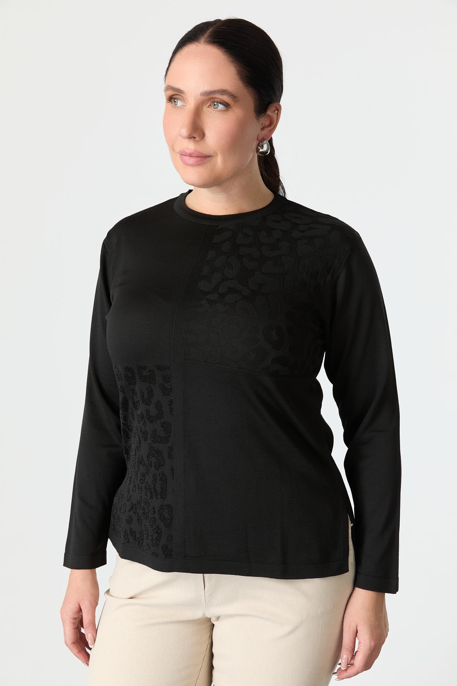 Büyük Beden Leopar Desenli Triko Kazak-SİYAH