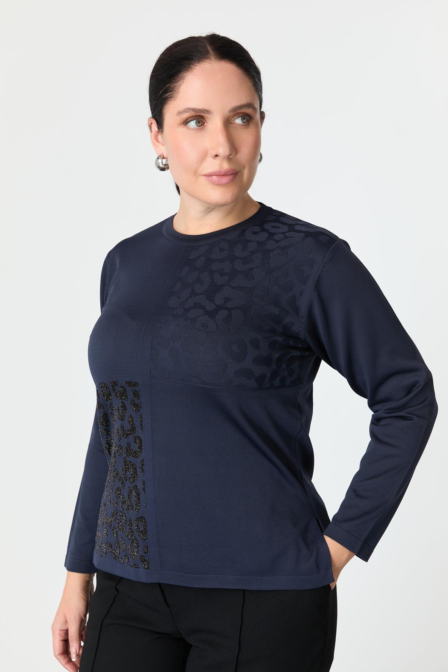 Büyük Beden Leopar Desenli Triko Kazak-LACI