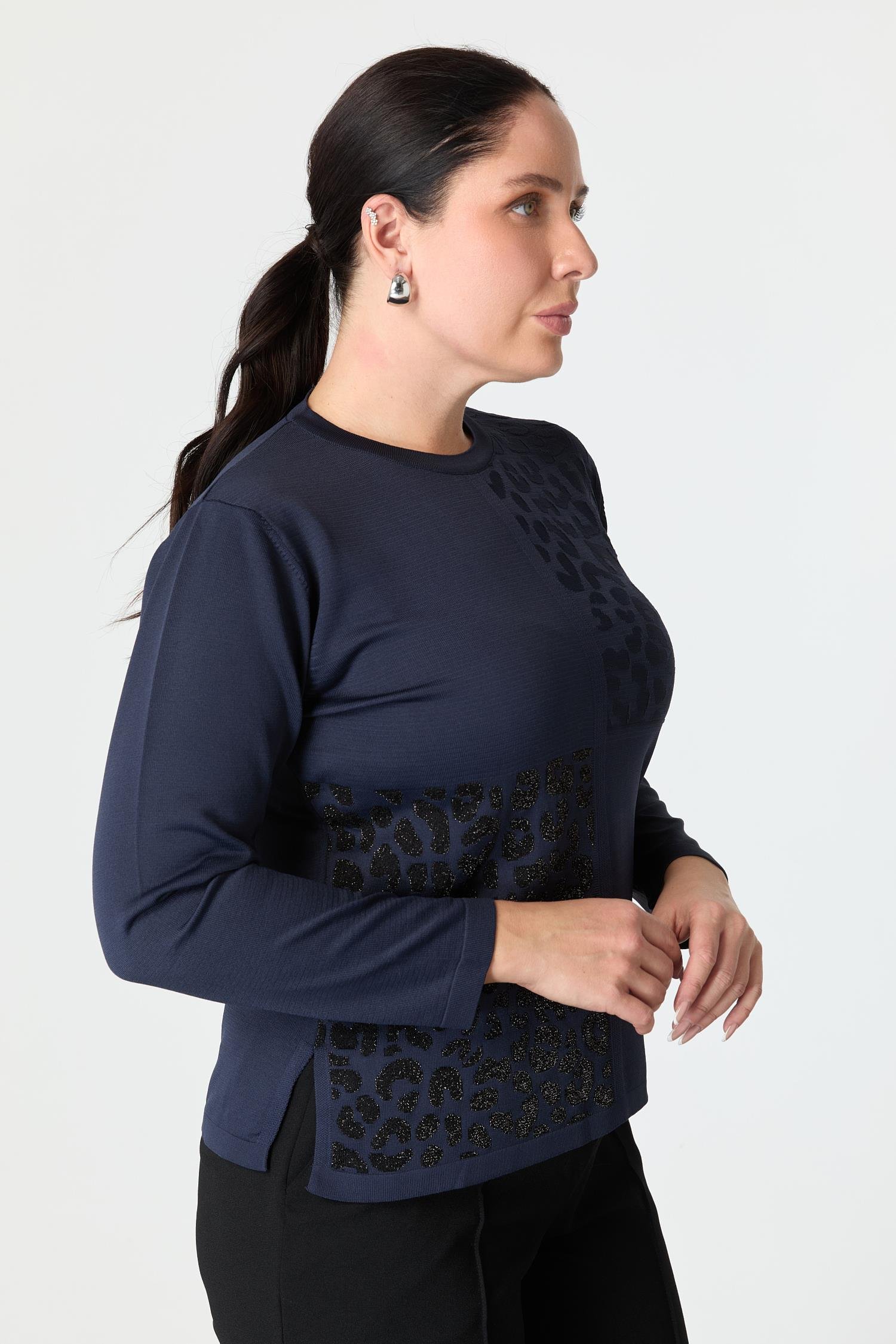 Büyük Beden Leopar Desenli Triko Kazak-LACI