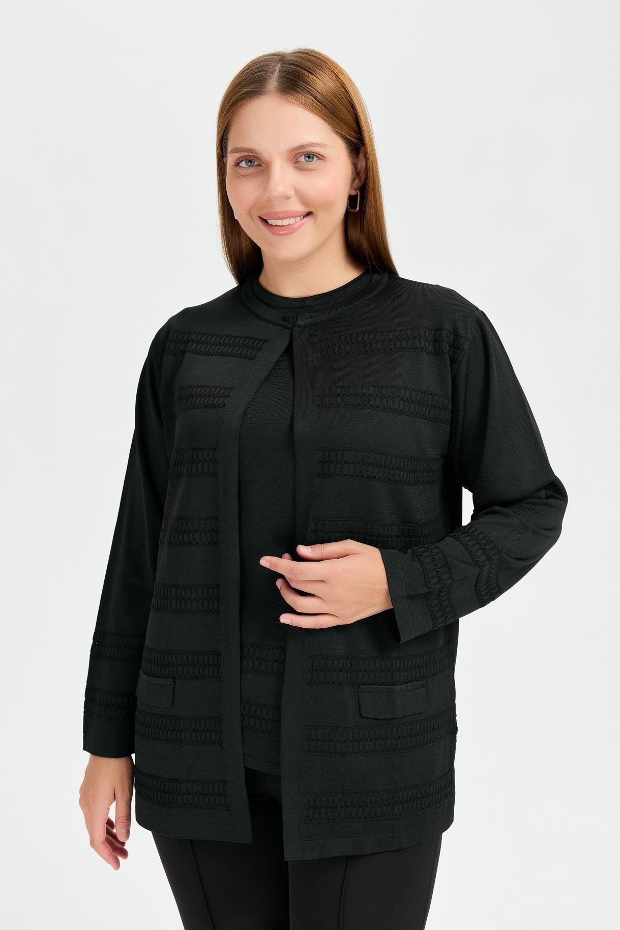 Büyük Beden Önü Örgü Desenli Tunik Triko Takım - SİYAH