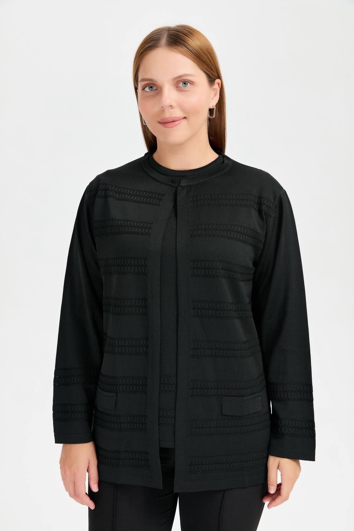 Büyük Beden Önü Örgü Desenli Tunik Triko Takım - SİYAH