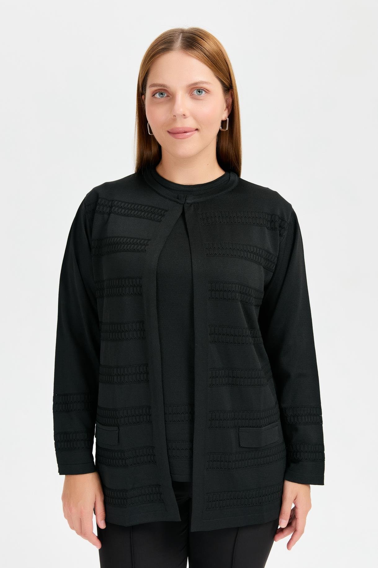 Büyük Beden Önü Örgü Desenli Tunik Triko Takım - SİYAH