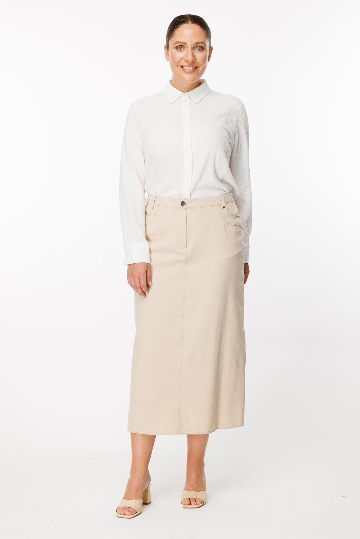 Büyük Beden Pamuk Kot Etek - BEJ