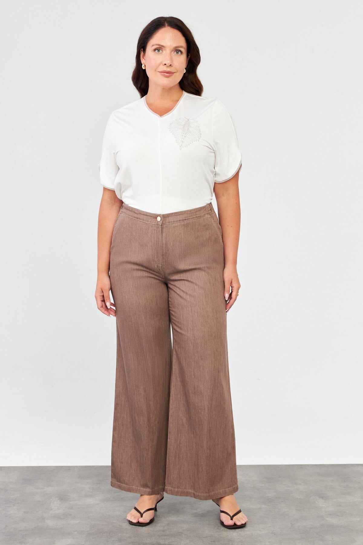 Büyük Beden Pamuklu Kot Pantolon-KAHVE